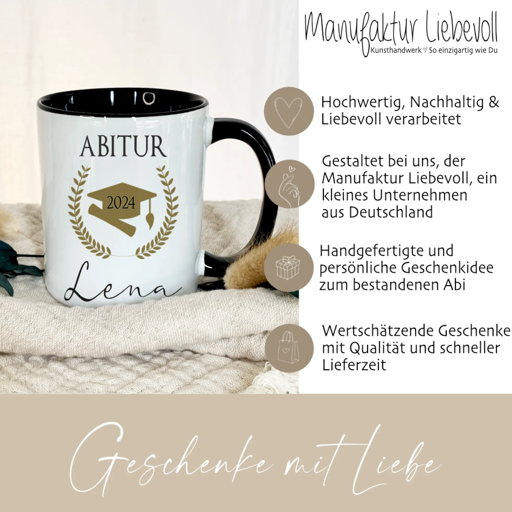 Abitur Kaffeetasse, personalisiertes Abi Geschenk mit Namen, Keramiktasse mit Anhänger als Geschenkidee für Abiturienten, zur bestandenen Prüfung