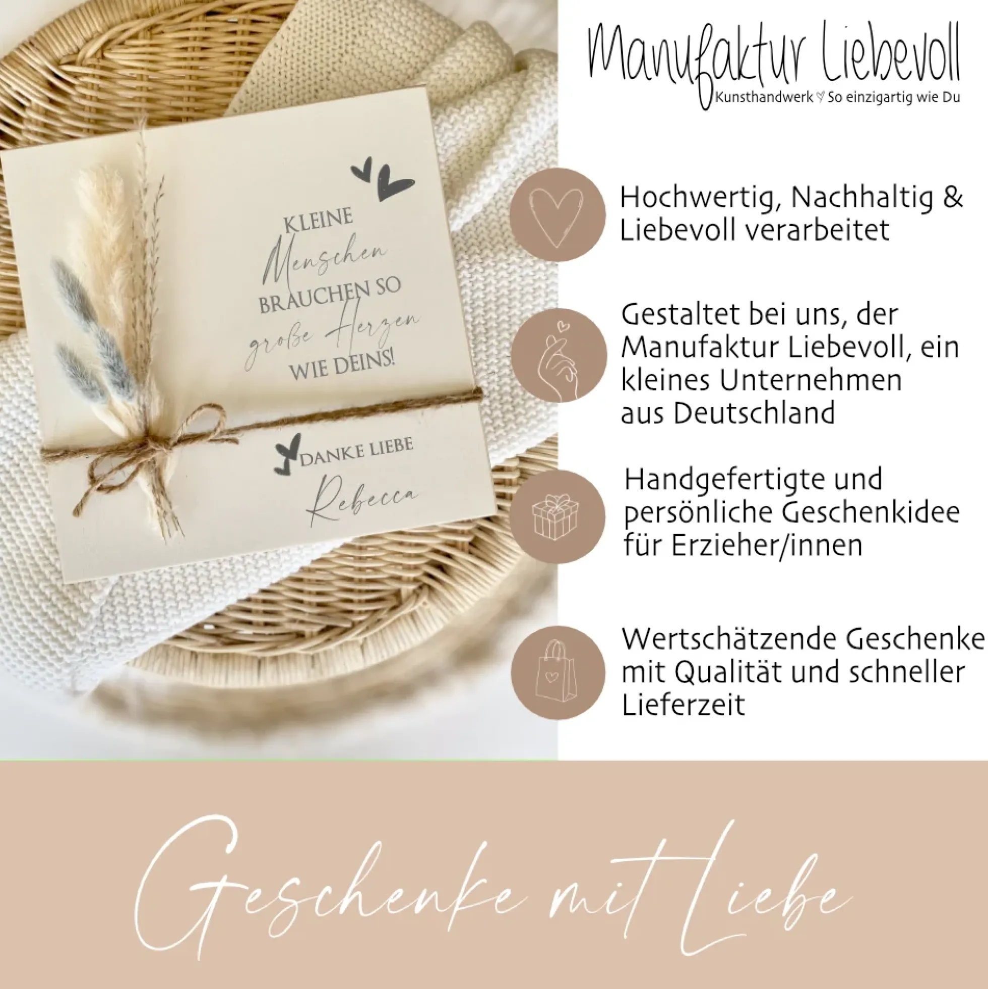 Abschiedsgeschenk für Erzieher/in | Holzbild mit Namen, Spruch & Blumen als Dankeschön Geschenk | Kindergarten Geschenkidee zum Abschied | Danke | Manufaktur Liebevoll