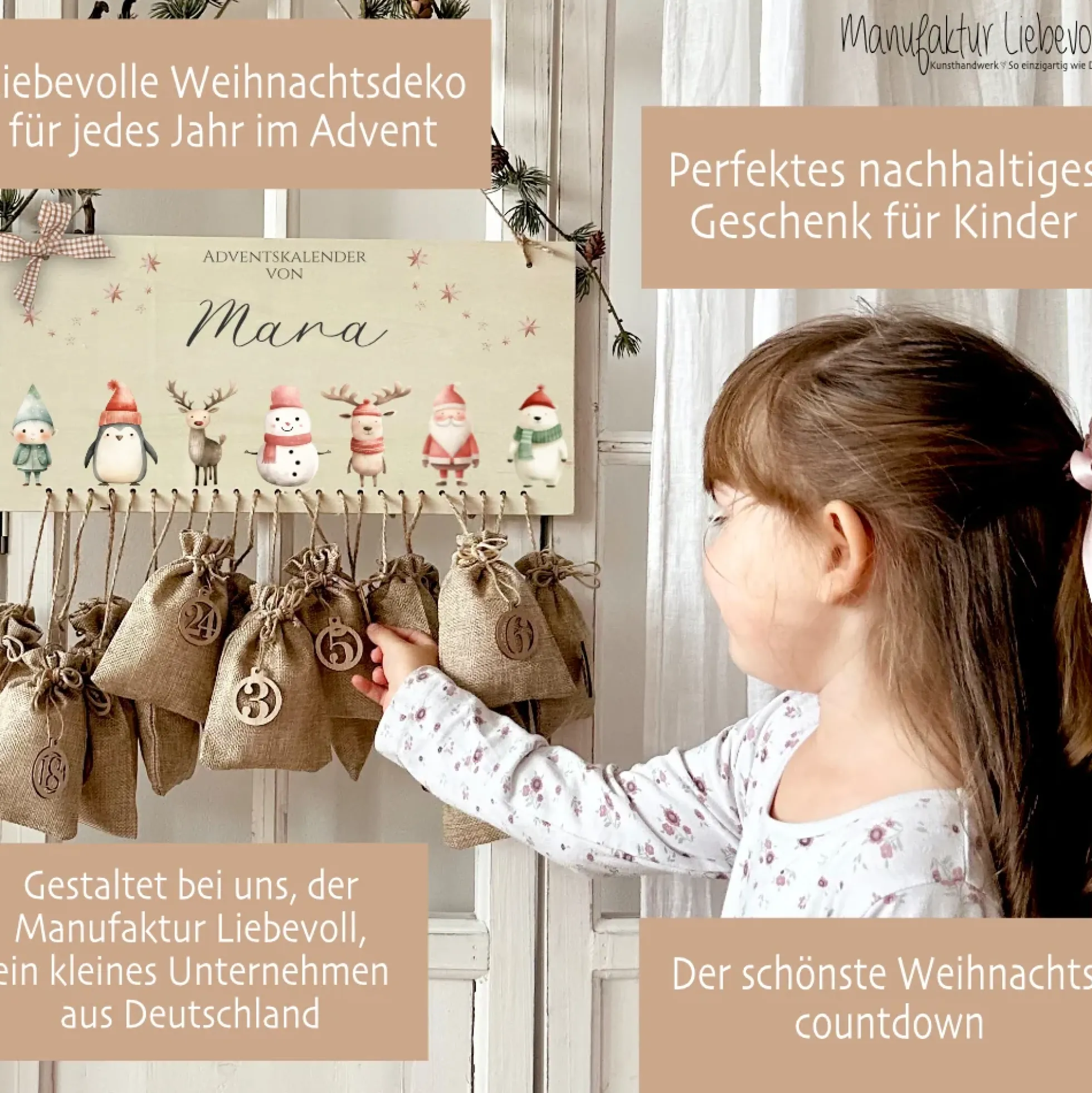 Adventskalender für Kinder Personalisiert mit Namen zum Befüllen mit Weihnachsfiguren aus Holz