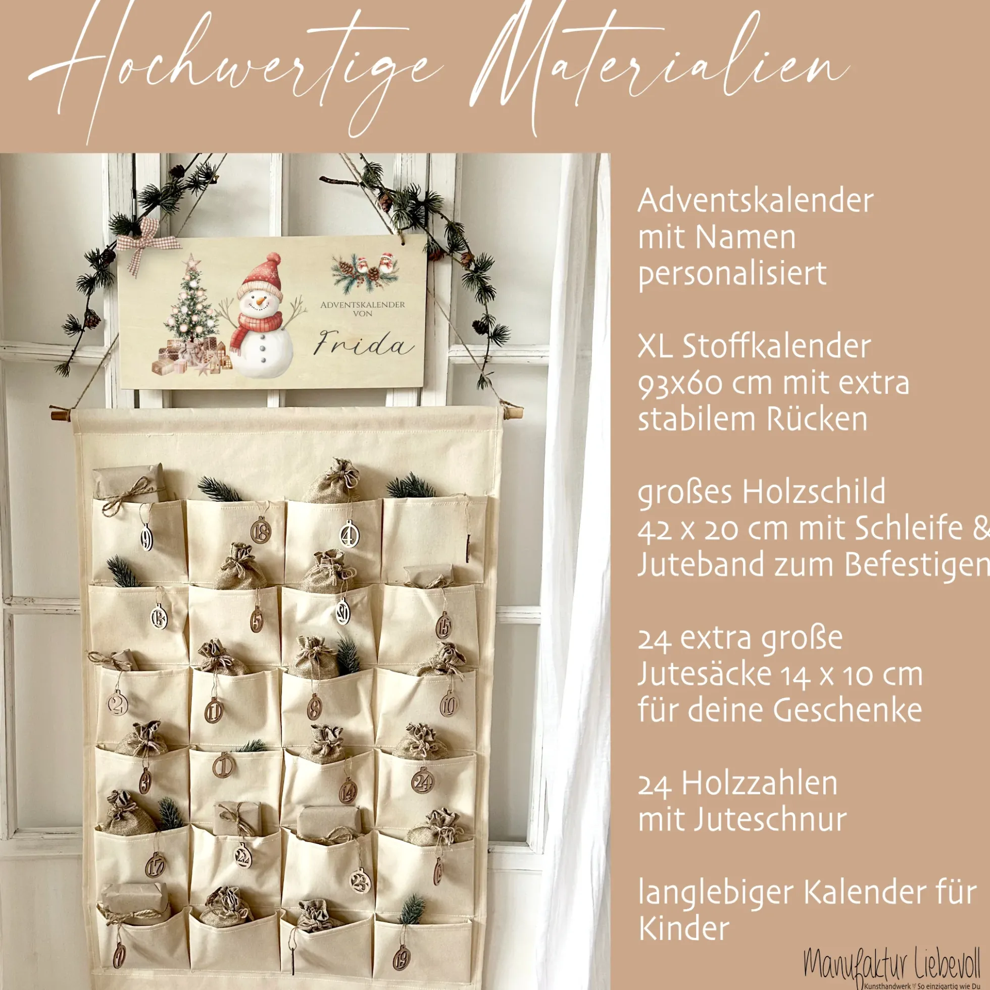 Adventskalender mit Namen Schneemann Holzschild Zahlen & Jutesäckchen Kinder Adventskalender Befüllen für Mädchen Jungen