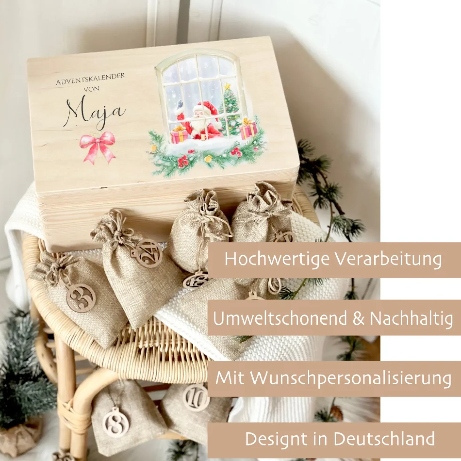 Adventskalender Personalisiert aus Holz zum Befüllen, Adventskiste mit Weihnachtsmann und Namen