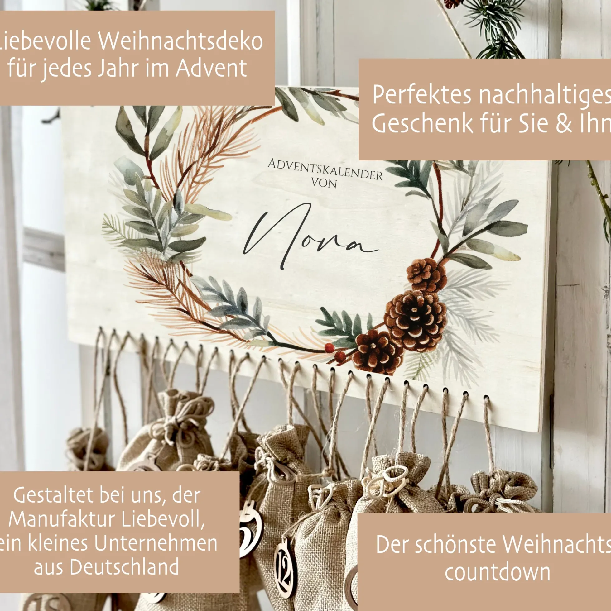 Adventskalender "Tannenkranz" Personalisiert für Frauen und Männer zum Befüllen aus Holz