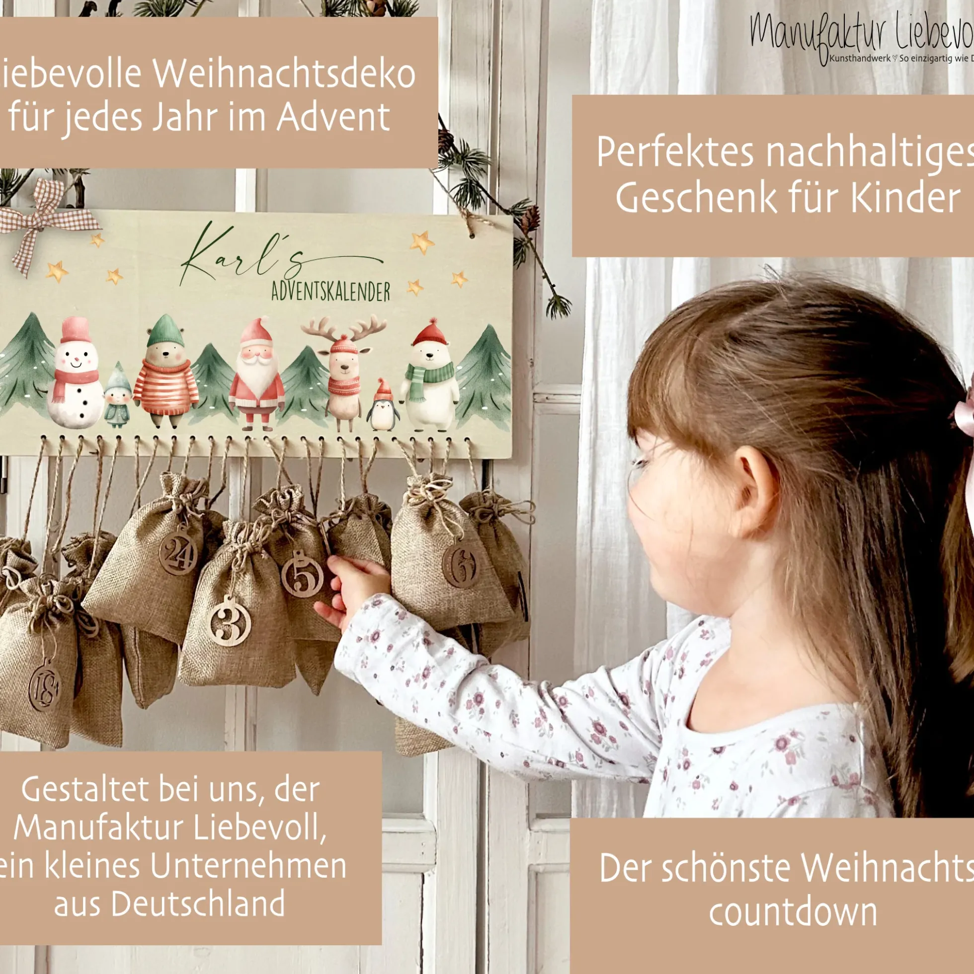 Adventskalender " Weihnachtsfiguren " mit Namen für zum Befüllen Adventskalender Jutesäckchen Holz Kinderadventskalender Advent