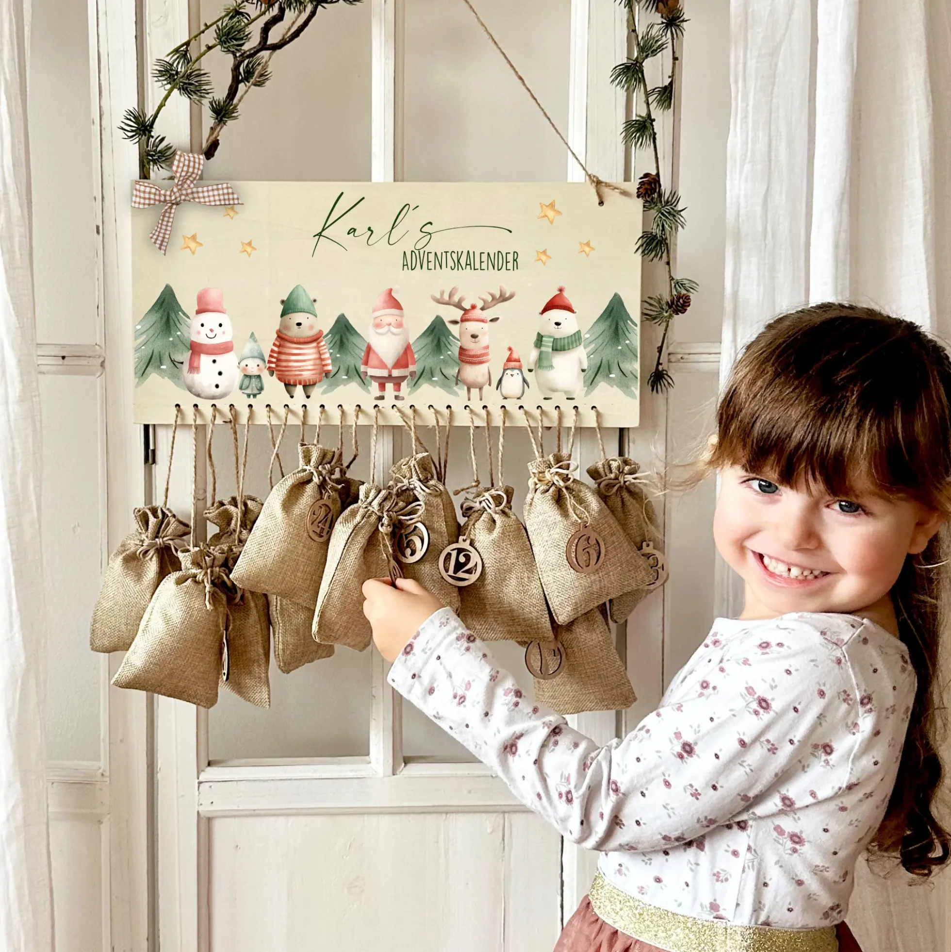 Adventskalender " Weihnachtsfiguren " mit Namen für zum Befüllen Adventskalender Jutesäckchen Holz Kinderadventskalender Advent