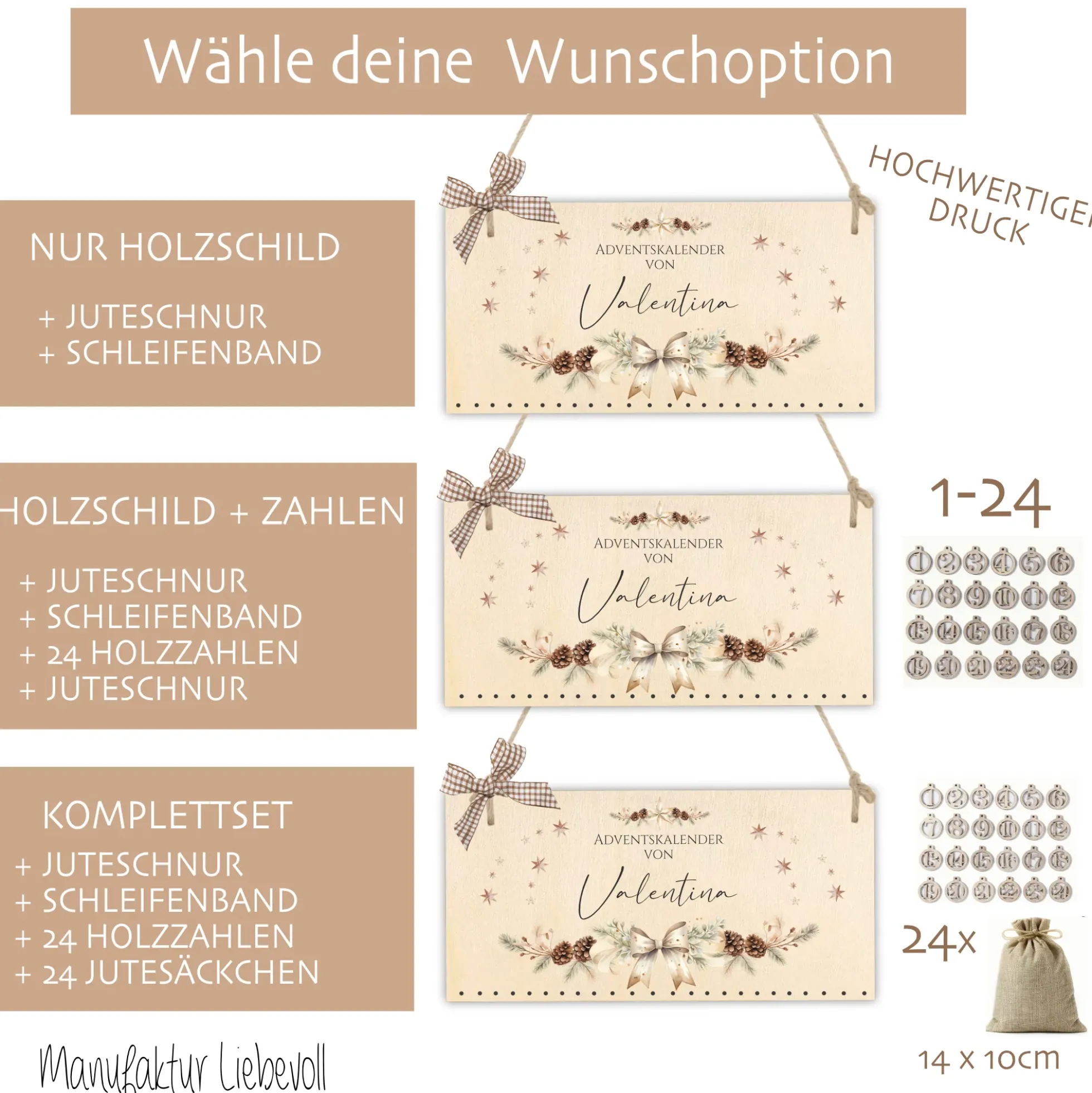 Adventskalender "Weihnachtsschleife" für Frauen und Männer Personalisiert mit Namen mit Tannenkranz