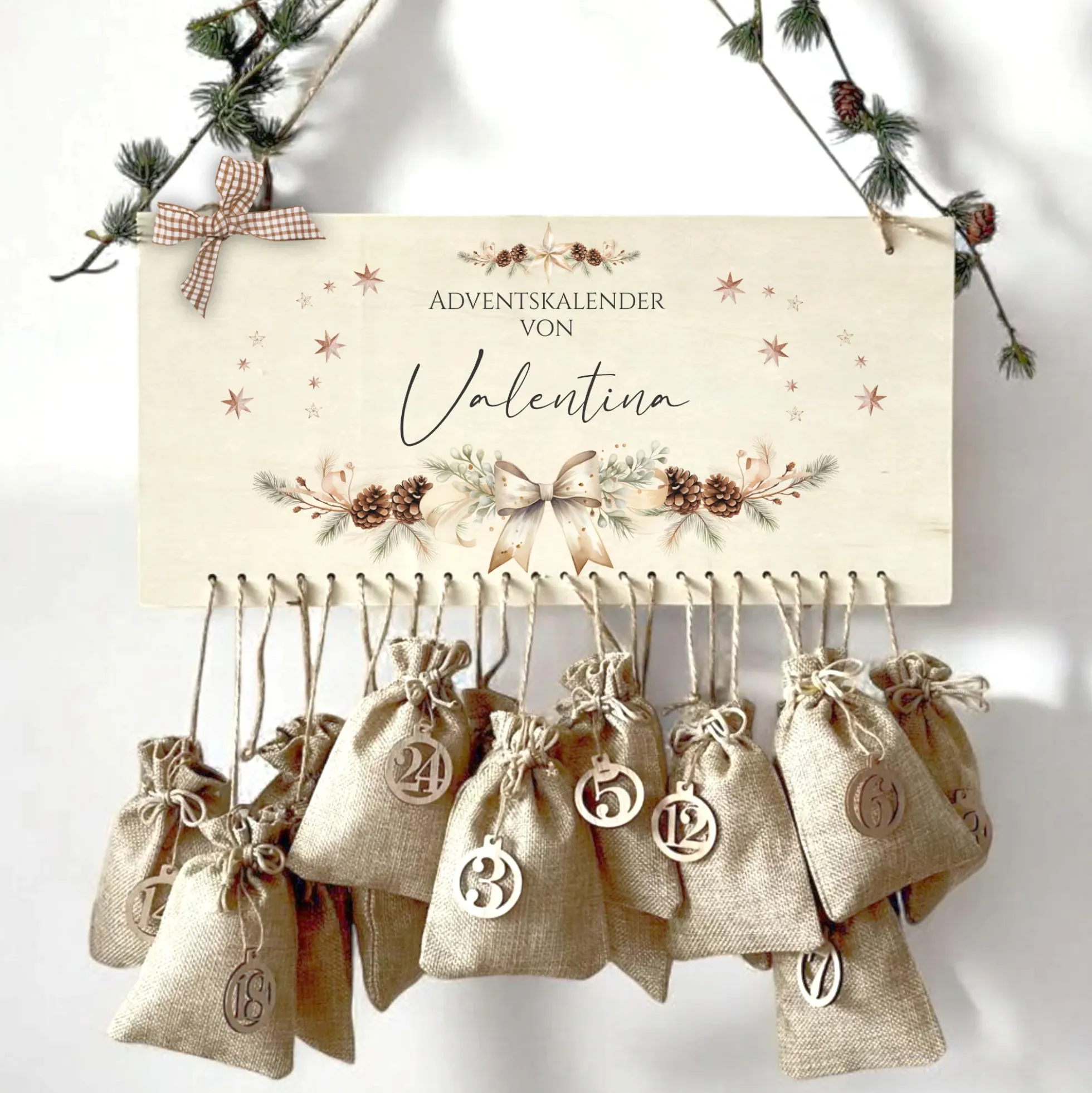 Adventskalender "Weihnachtsschleife" für Frauen und Männer Personalisiert mit Namen mit Tannenkranz