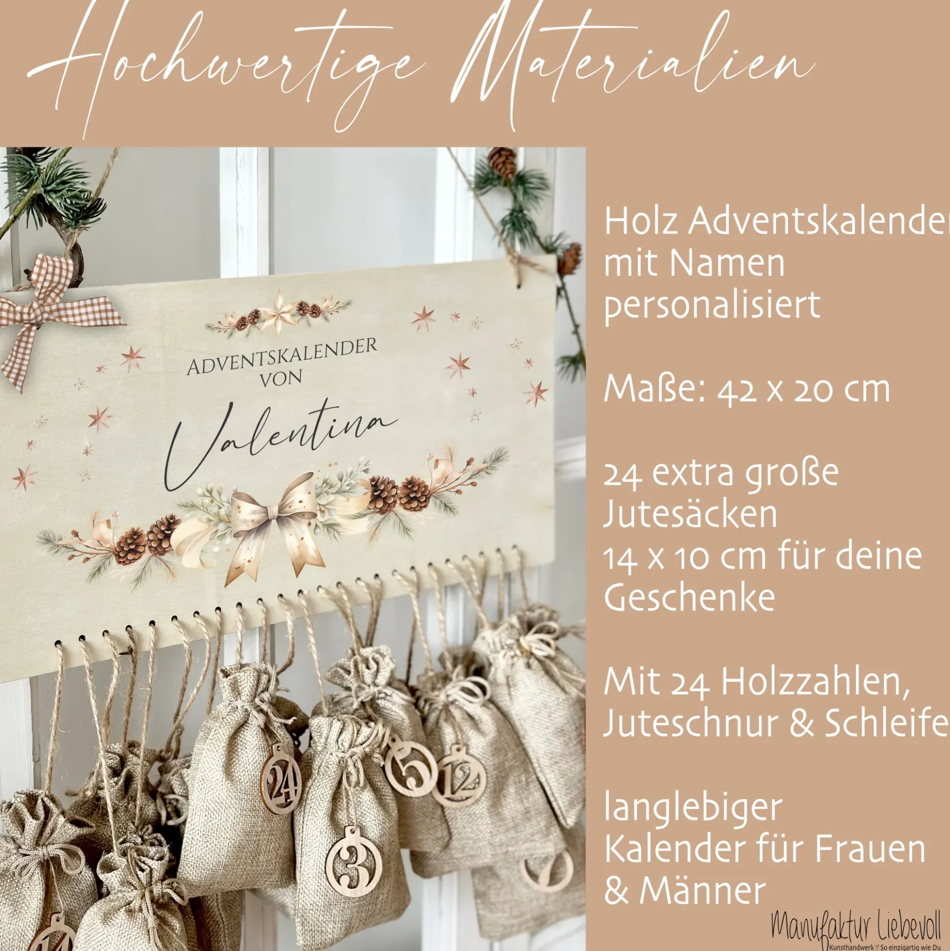 Adventskalender "Weihnachtsschleife" für Frauen und Männer Personalisiert mit Namen mit Tannenkranz