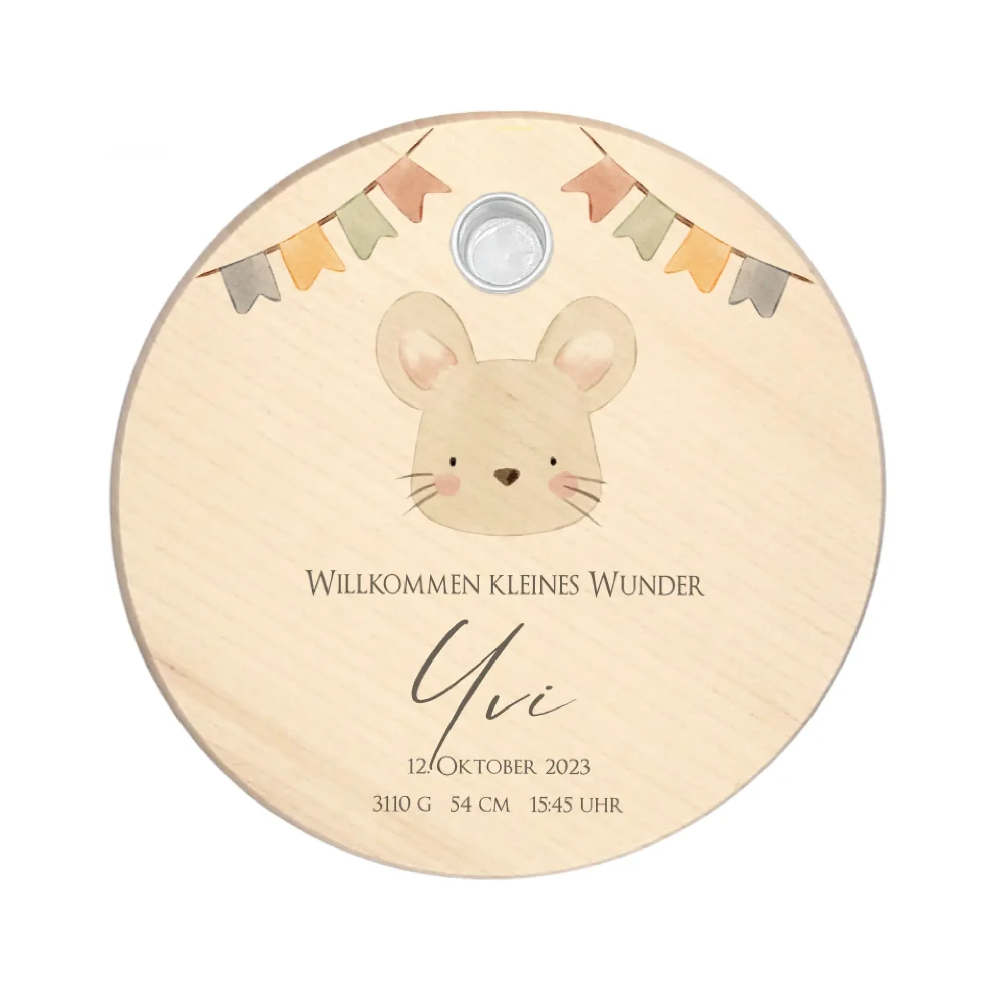 Babygeschenk zur Geburt, Personalisierter Kerzenteller mit Name des Babys u. Geburtsdaten, Motiv: Maus