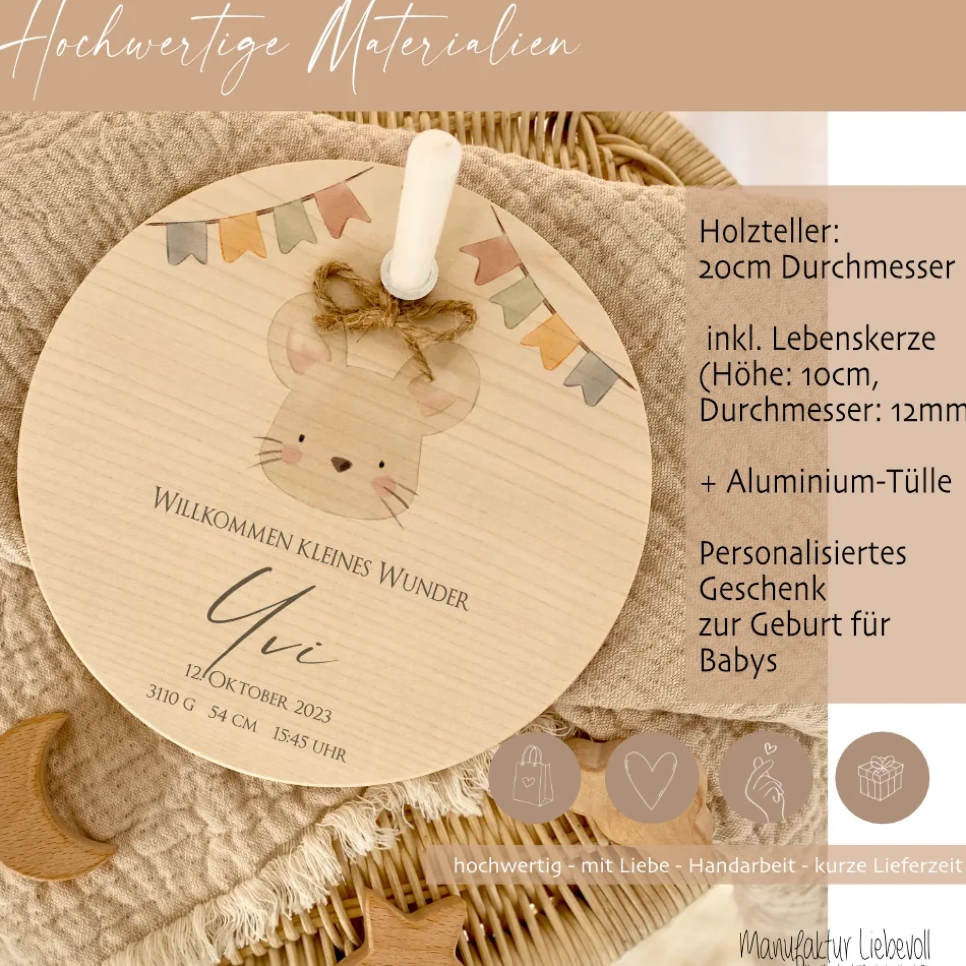 Babygeschenk zur Geburt, Personalisierter Kerzenteller mit Name des Babys u. Geburtsdaten, Motiv: Maus
