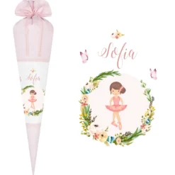 Besondere Schultüte aus rosa Stoff mit einer Ballerina | Personalisierte Stoffschultüte liebevoll handgefertigt | Optional mit Füllkissen und Spitzenschutz