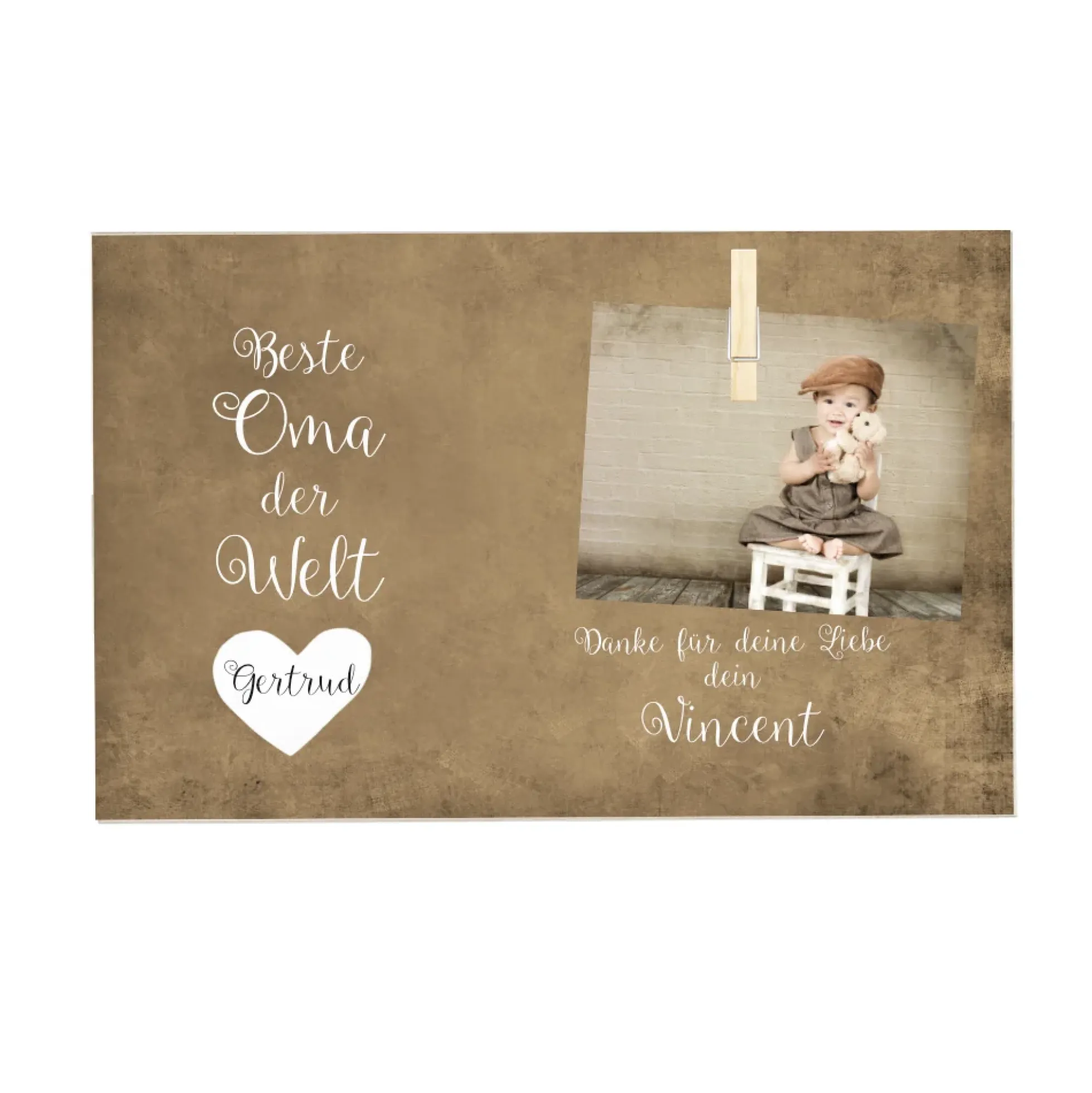 Beste Oma der Welt Originelles Geschenk für Großmütter | Personalisiertes Fotogeschenk mit Holzklammer zum individuellen Befestigen eines Fotos