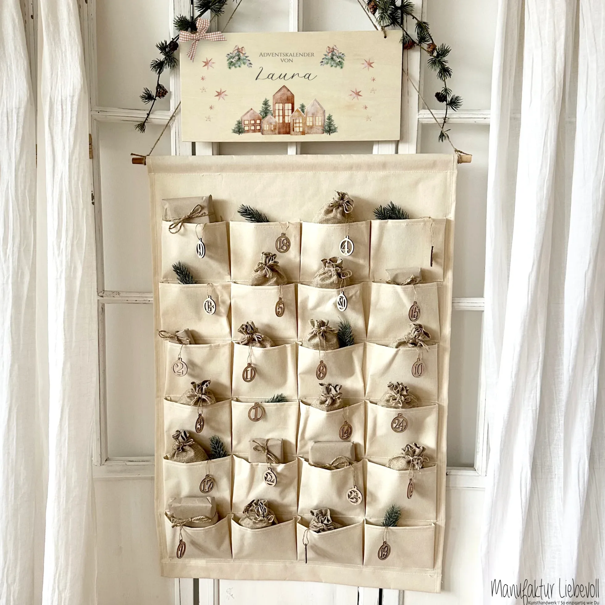 Boho Adventskalender mit Namen personalisiert vintage Stoff Adventskalender zum Befüllen Kalender Geschenk Frauen Männer Kinder Familie