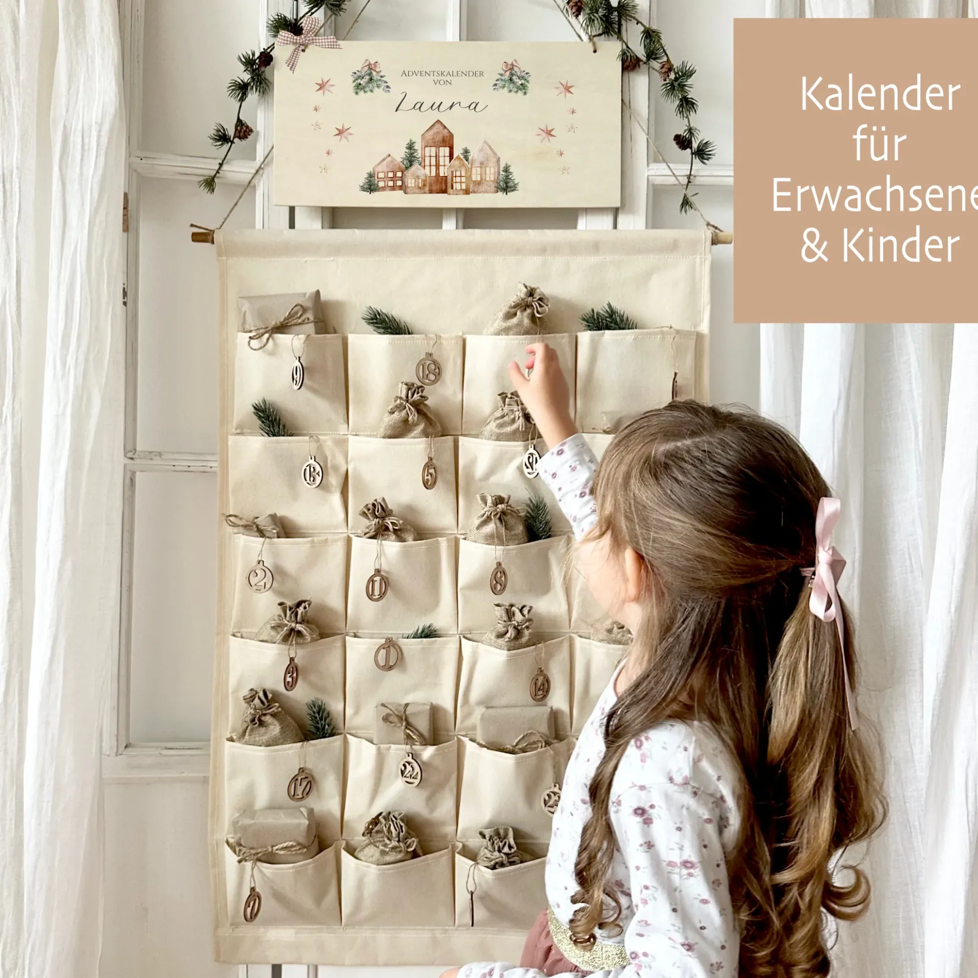 Boho Adventskalender mit Namen personalisiert vintage Stoff Adventskalender zum Befüllen Kalender Geschenk Frauen Männer Kinder Familie