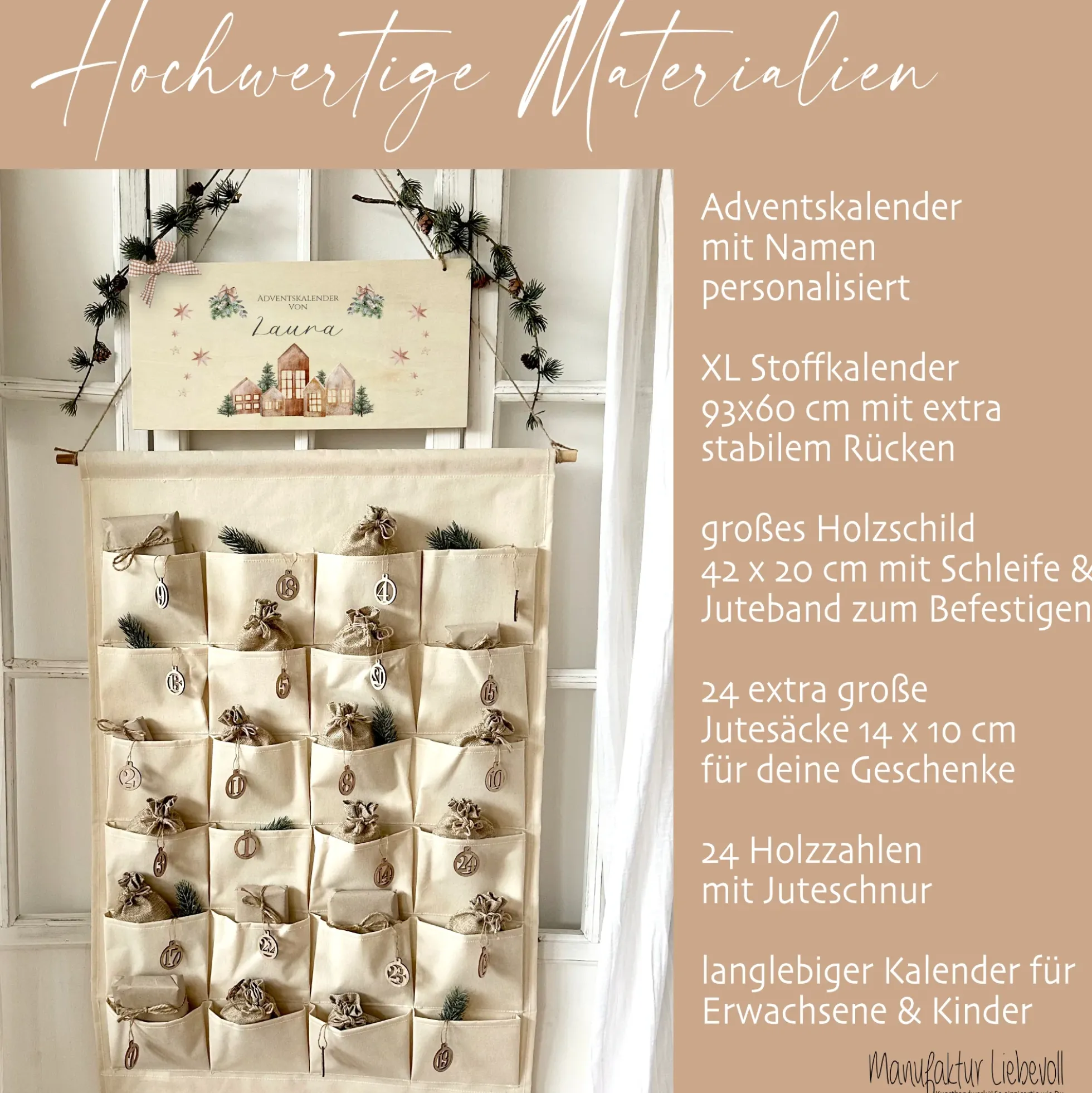 Boho Adventskalender mit Namen personalisiert vintage Stoff Adventskalender zum Befüllen Kalender Geschenk Frauen Männer Kinder Familie