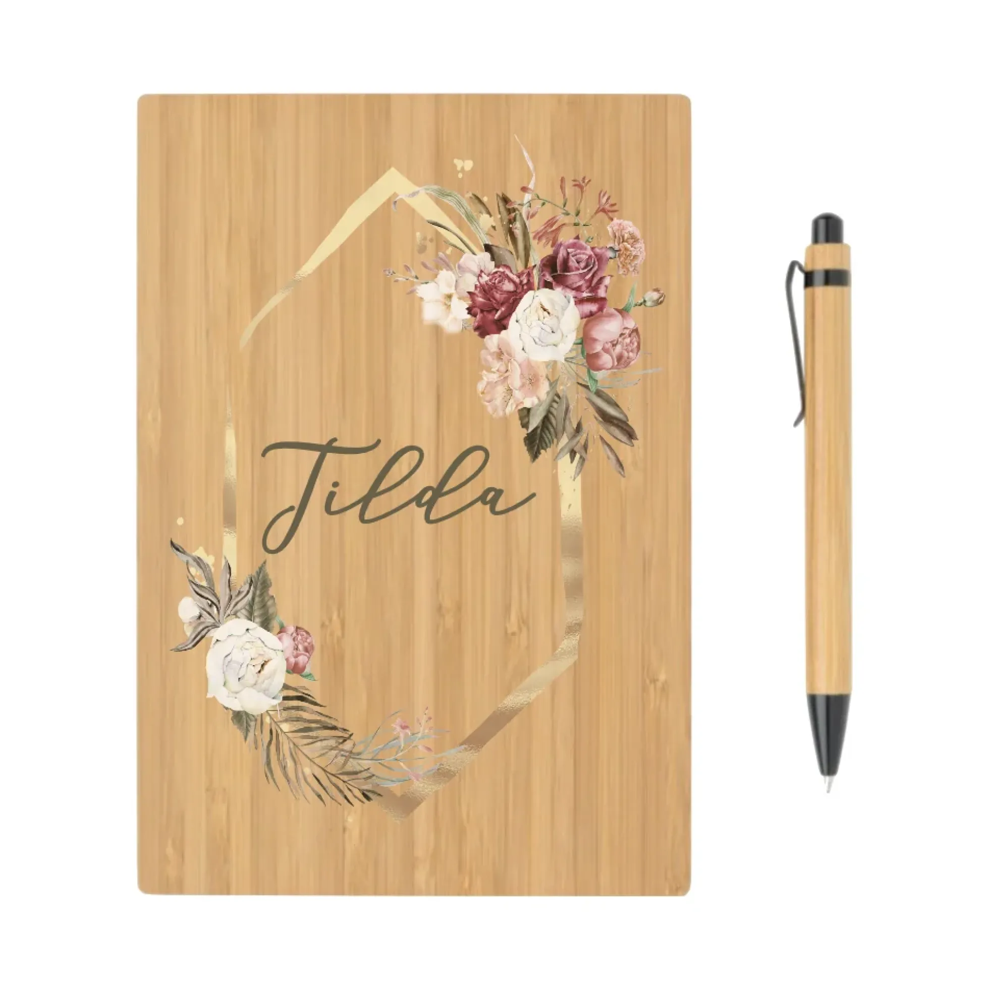 Boho Notizbuch mit Namen und Blumenkranz | Personalisiertes Buch aus Bambus und Kugelschreiber | Persönliche Geschenkidee für Sie