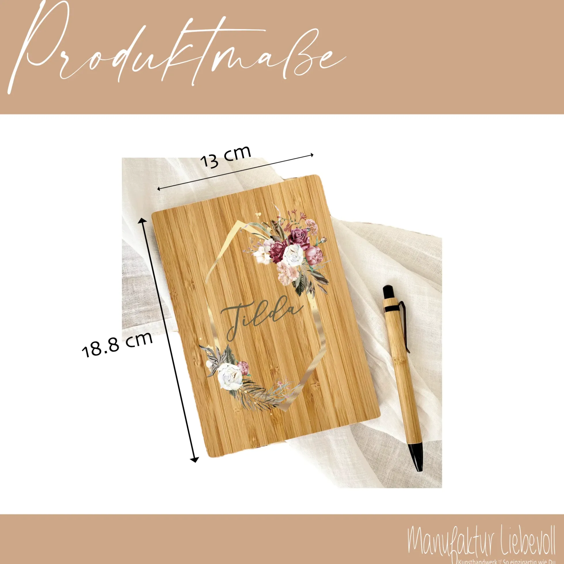 Boho Notizbuch mit Namen und Blumenkranz | Personalisiertes Buch aus Bambus und Kugelschreiber | Persönliche Geschenkidee für Sie