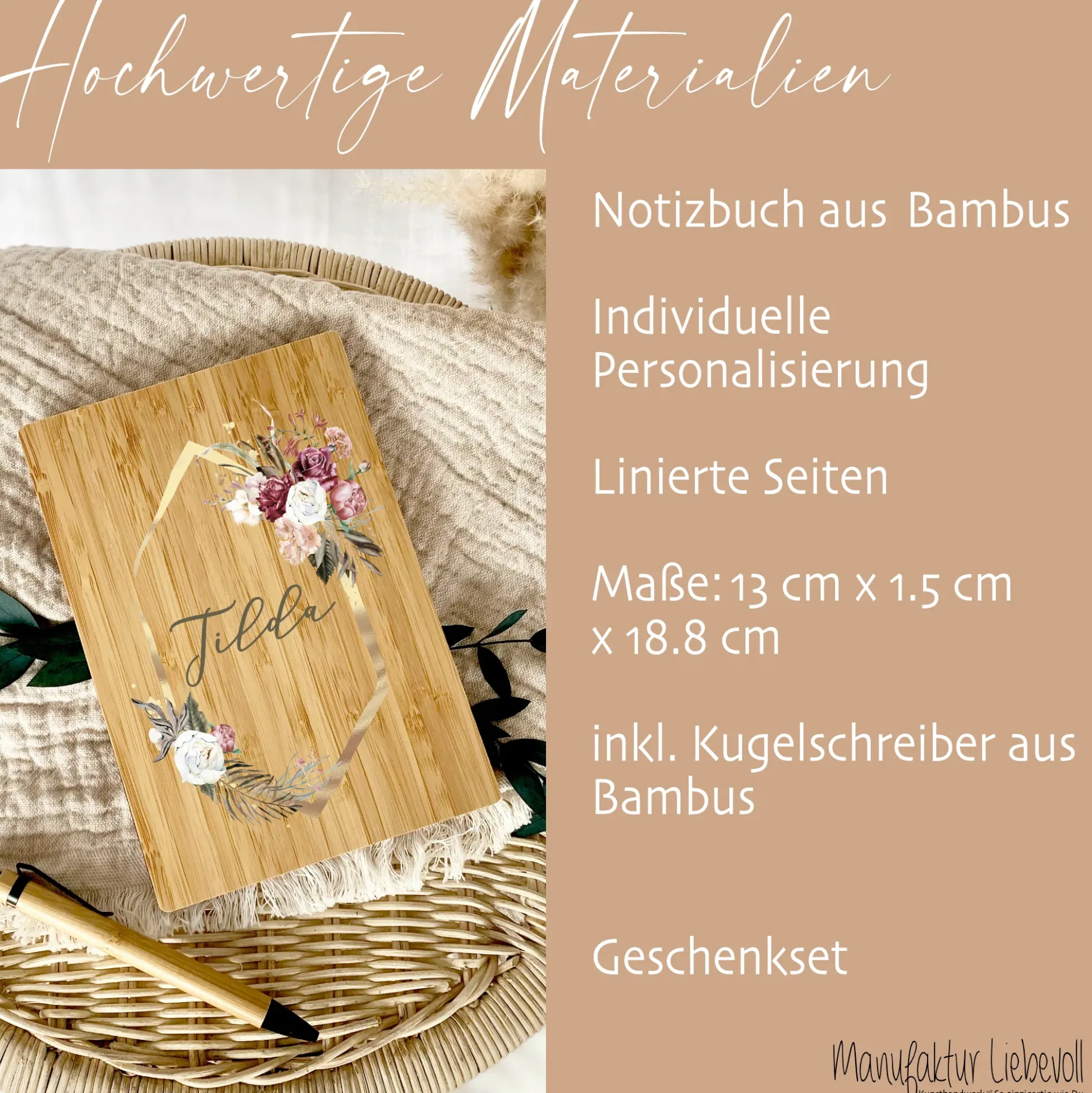 Boho Notizbuch mit Namen und Blumenkranz | Personalisiertes Buch aus Bambus und Kugelschreiber | Persönliche Geschenkidee für Sie