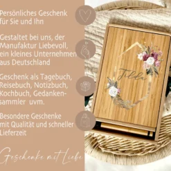 Boho Notizbuch mit Namen und Blumenkranz | Personalisiertes Buch aus Bambus und Kugelschreiber | Persönliche Geschenkidee für Sie