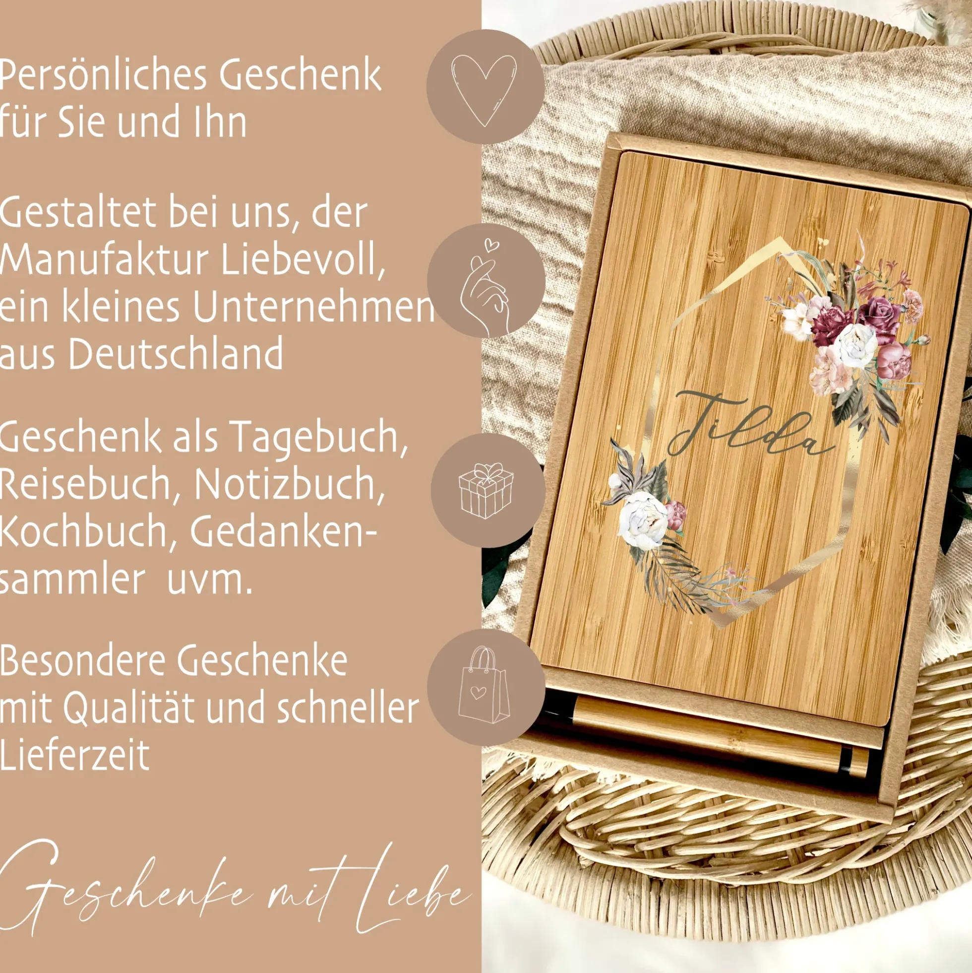 Boho Notizbuch mit Namen und Blumenkranz | Personalisiertes Buch aus Bambus und Kugelschreiber | Persönliche Geschenkidee für Sie