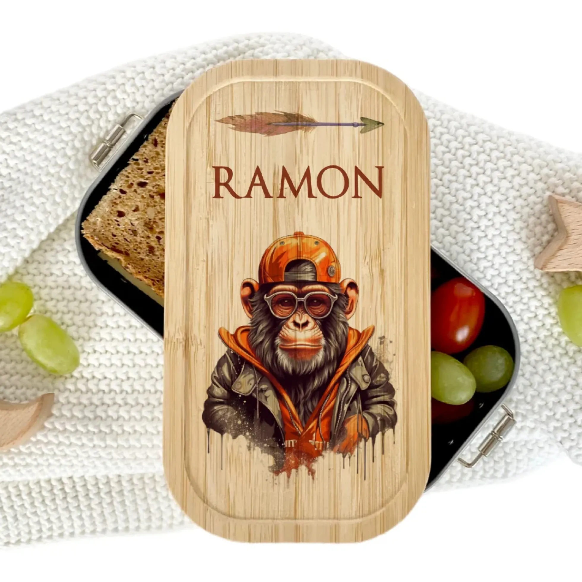 Brotdose "Affe" wählbar in Edelstahl mit Bambusdeckel und Namen für Kinder u. Teenager | Brotdose mit coolem Schimpansen | Personalisiertes Geschenk für Kinder