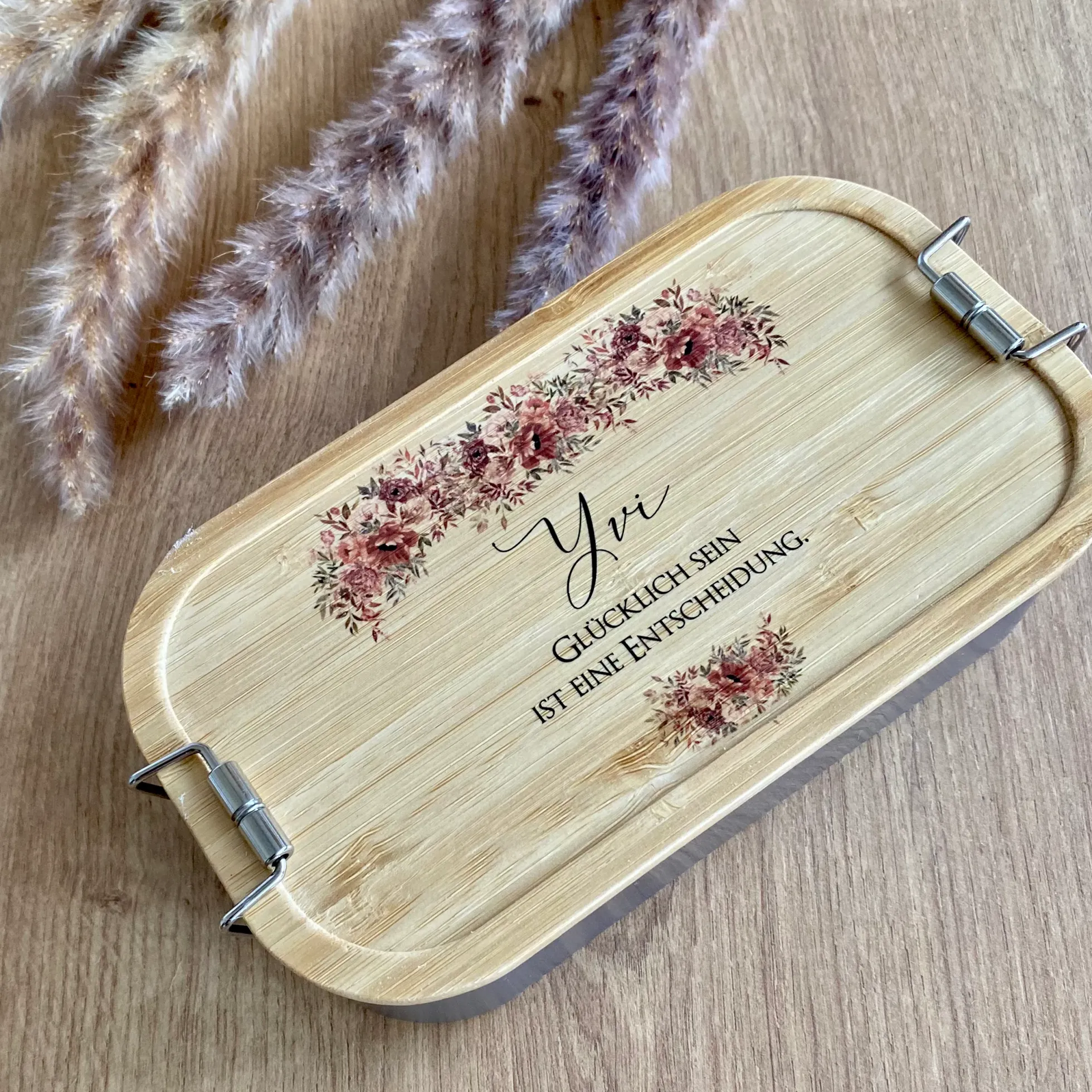 Brotdose "Autumn" mit Bambusdeckel Namen und Spruch | Lunchbox mit Blüten | Personalisierte Geschenkidee fürs Büro, Freizeit, Reisen