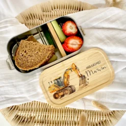 Brotdose "Bagger" wählbar in Edelstahl mit Bambusdeckel und Namen für Kinder | Lunchbox mit Baufahrzeug | Personalisiertes Geschenk für Kinder