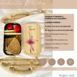Brotdose "Ballerina" wählbar in Edelstahl mit Bambusdeckel und Namen für Kinder | Lunchbox "Ballett" | Personalisiertes Geschenk für Kinder