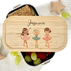 Brotdose "Ballett" wählbar in Edelstahl mit Bambusdeckel und Namen für Kinder | Lunchbox "Ballerina" | Personalisiertes Geschenk für Kinder
