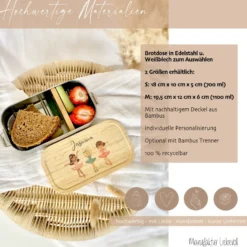 Brotdose "Ballett" wählbar in Edelstahl mit Bambusdeckel und Namen für Kinder | Lunchbox "Ballerina" | Personalisiertes Geschenk für Kinder