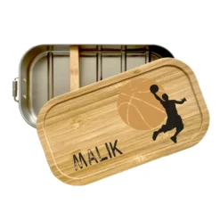 Brotdose "Basketball" mit Bambusdeckel und Namen für Ihn, Männer, Jungen, Frauen, Mädchen | Lunchbox mit Basketballspieler | Personalisierte Geschenkidee zum Sport