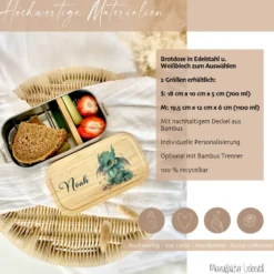 Brotdose "Blauer Drache" wählbar in Edelstahl mit Bambusdeckel und Namen für Kinder | Lunchbox "Fabelwesen" | Personalisiertes Geschenk für Kinder