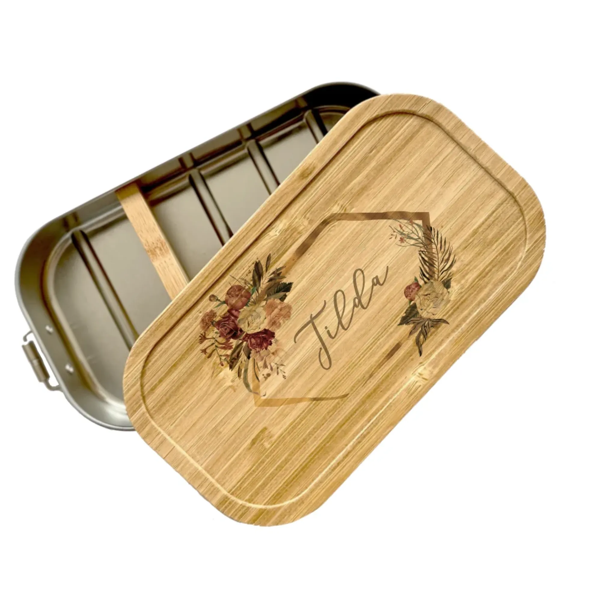 Brotdose "Blumenranke" mit Bambusdeckel und Namen | Boho Lunchbox mit floralem Motiv | Personalisierte Geschenkidee fürs Büro, Freizeit, Reisen