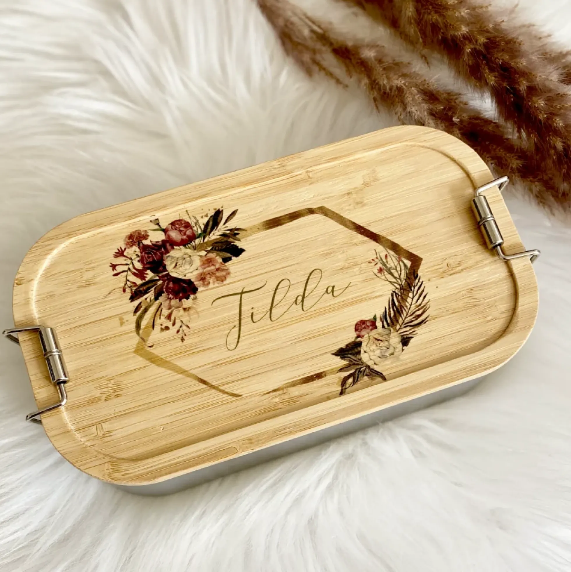 Brotdose "Blumenranke" mit Bambusdeckel und Namen | Boho Lunchbox mit floralem Motiv | Personalisierte Geschenkidee fürs Büro, Freizeit, Reisen