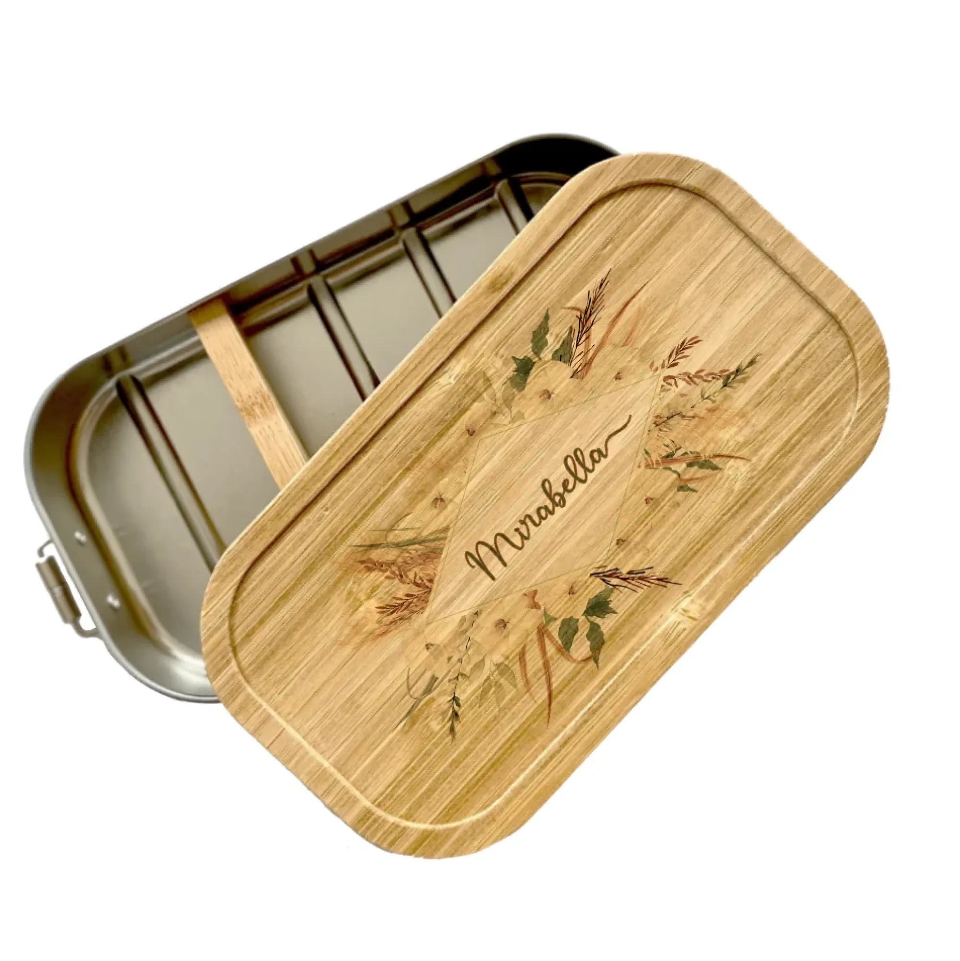 Brotdose "Boho Blumenkranz" mit Bambusdeckel und Namen | Boho Lunchbox mit floralem Motiv | Personalisierte Geschenkidee fürs Büro, Freizeit, Reisen