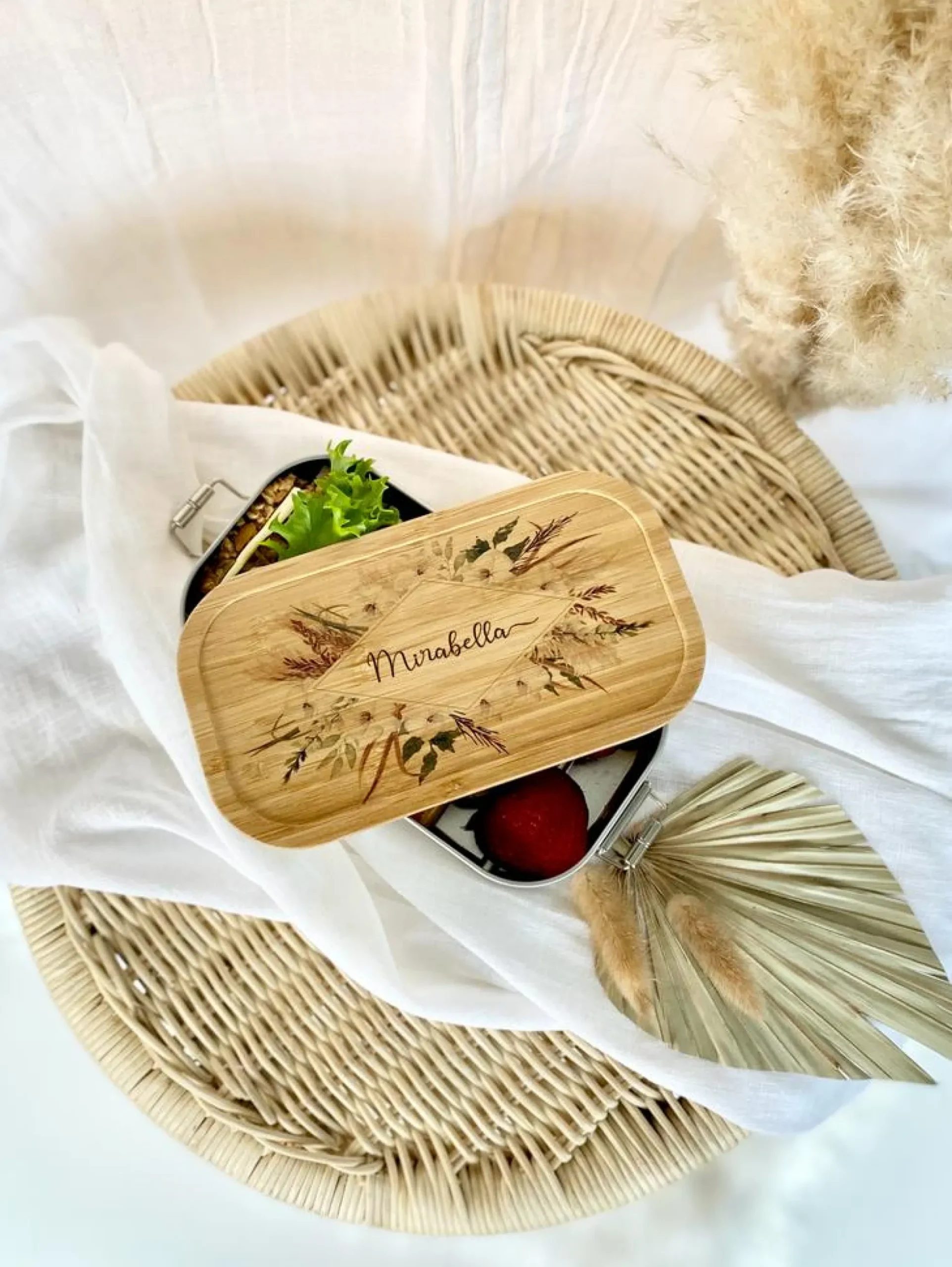 Brotdose "Boho Blumenkranz" mit Bambusdeckel und Namen | Boho Lunchbox mit floralem Motiv | Personalisierte Geschenkidee fürs Büro, Freizeit, Reisen