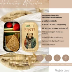 Brotdose "Bär" wählbar in Edelstahl mit Bambusdeckel und Namen für Kinder u. Teenager | Brotdose mit coolem Tier Motiv | Personalisiertes Geschenk für Kinder