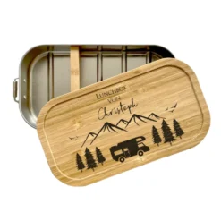 Brotdose "Camping" mit Bambusdeckel und Namen für Männer und Frauen | Lunchbox mit Wohnwagenmotiv | Personalisierte Geschenkidee fürs Caravaning