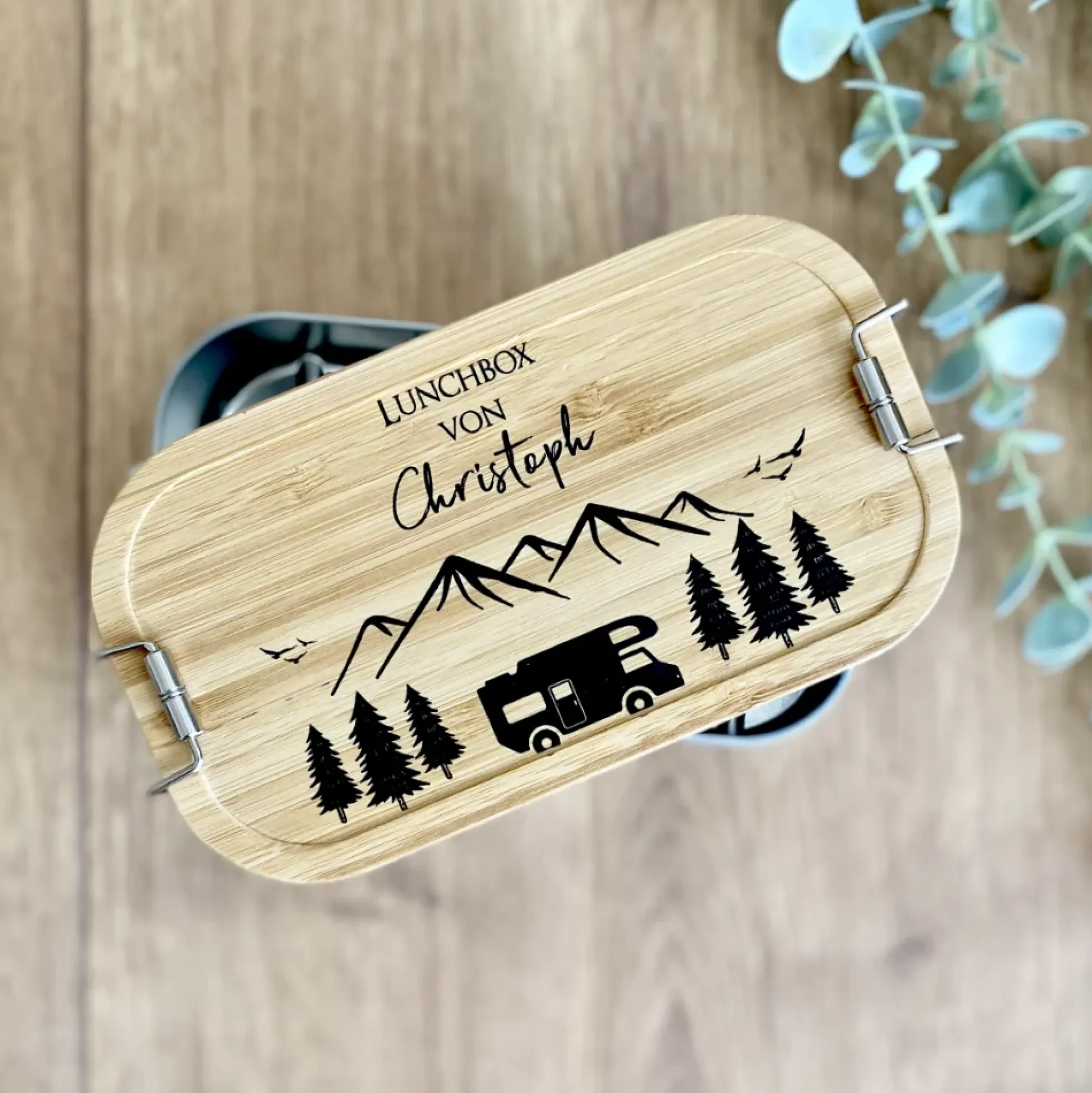 Brotdose "Camping" mit Bambusdeckel und Namen für Männer und Frauen | Lunchbox mit Wohnwagenmotiv | Personalisierte Geschenkidee fürs Caravaning