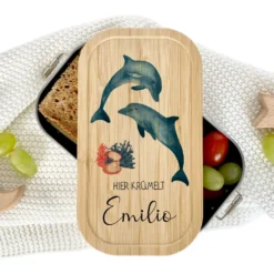 Brotdose "Delfine" wählbar in Edelstahl mit Bambusdeckel und Namen für Kinder | Lunchbox "Meerestiere" | Personalisiertes Geschenk für Kinder