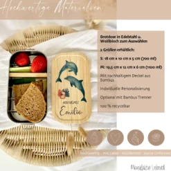 Brotdose "Delfine" wählbar in Edelstahl mit Bambusdeckel und Namen für Kinder | Lunchbox "Meerestiere" | Personalisiertes Geschenk für Kinder