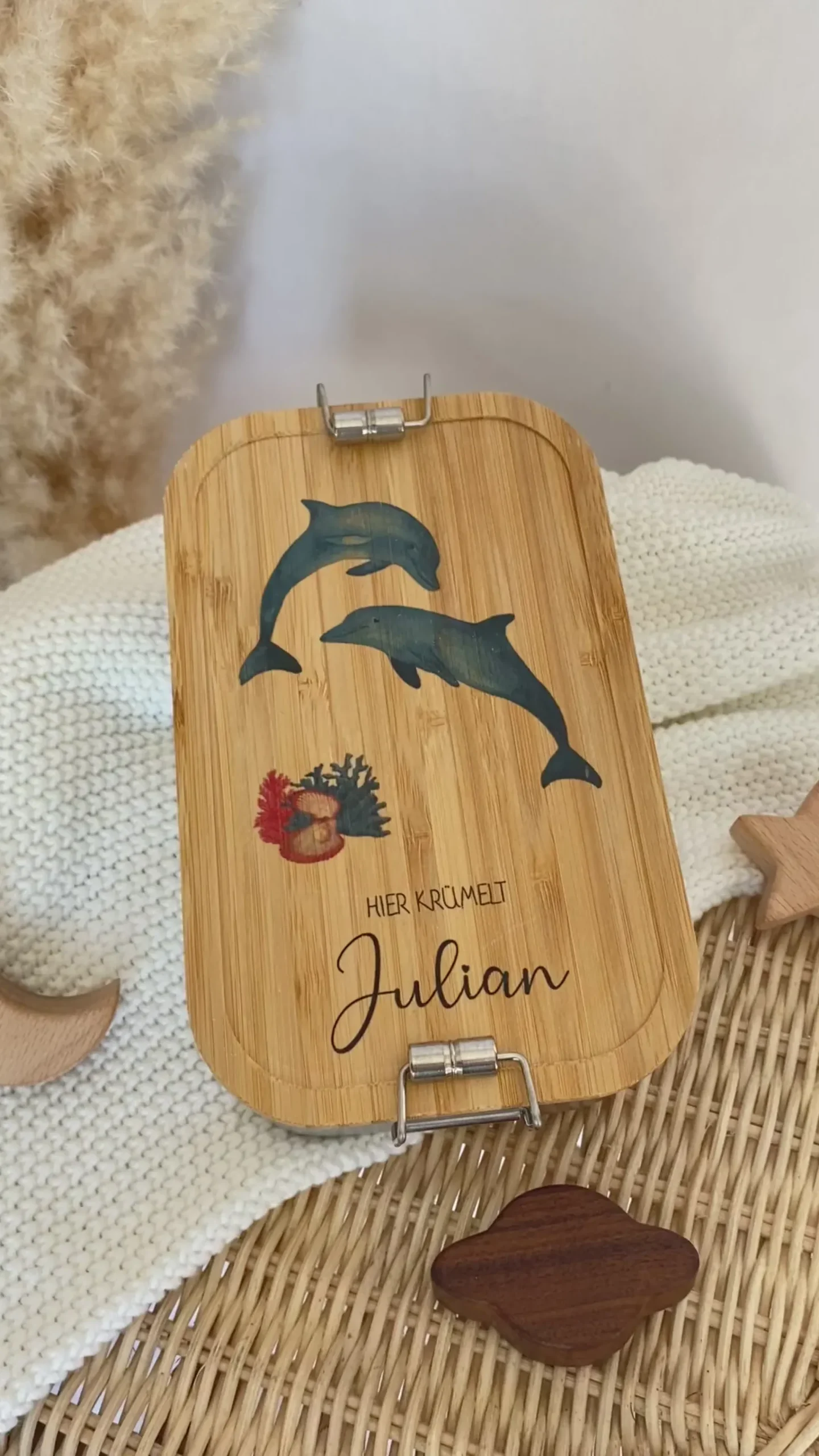 Brotdose "Delfine" wählbar in Edelstahl mit Bambusdeckel und Namen für Kinder | Lunchbox "Meerestiere" | Personalisiertes Geschenk für Kinder
