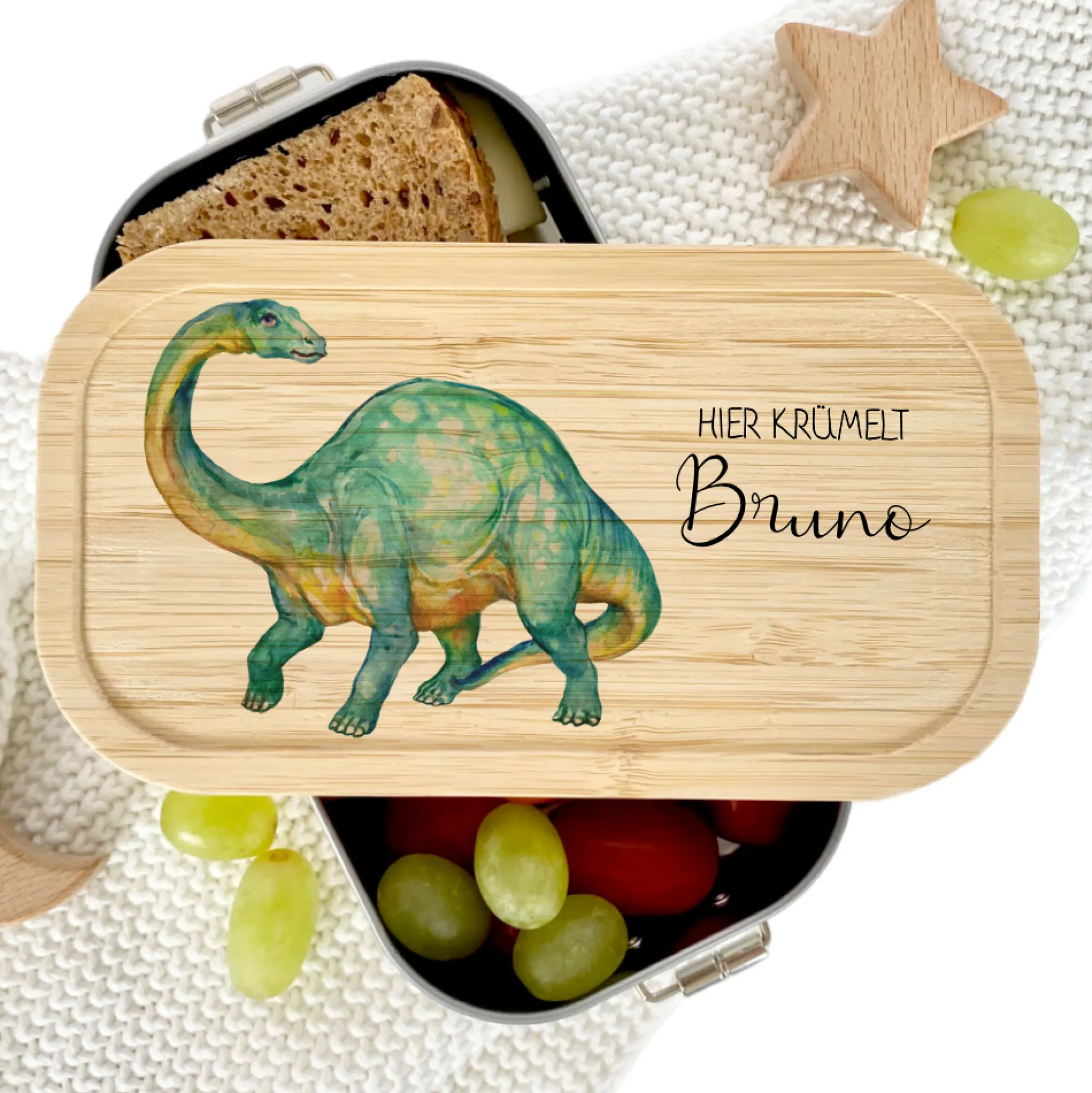 Brotdose "Dinosaurier" wählbar in Edelstahl mit Bambusdeckel und Namen für Kinder | Lunchbox "Dino" | Personalisiertes Geschenk für Kinder