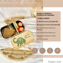 Brotdose "Dinosaurier" wählbar in Edelstahl mit Bambusdeckel und Namen für Kinder | Lunchbox "Dino" | Personalisiertes Geschenk für Kinder
