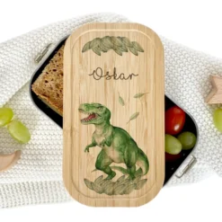 Brotdose "Dino" wählbar in Edelstahl mit Bambusdeckel und Namen für Kinder | Wählbar in Edelstahl | Lunchbox mit Dinosaurier | Personalisiertes Geschenk für Kinder