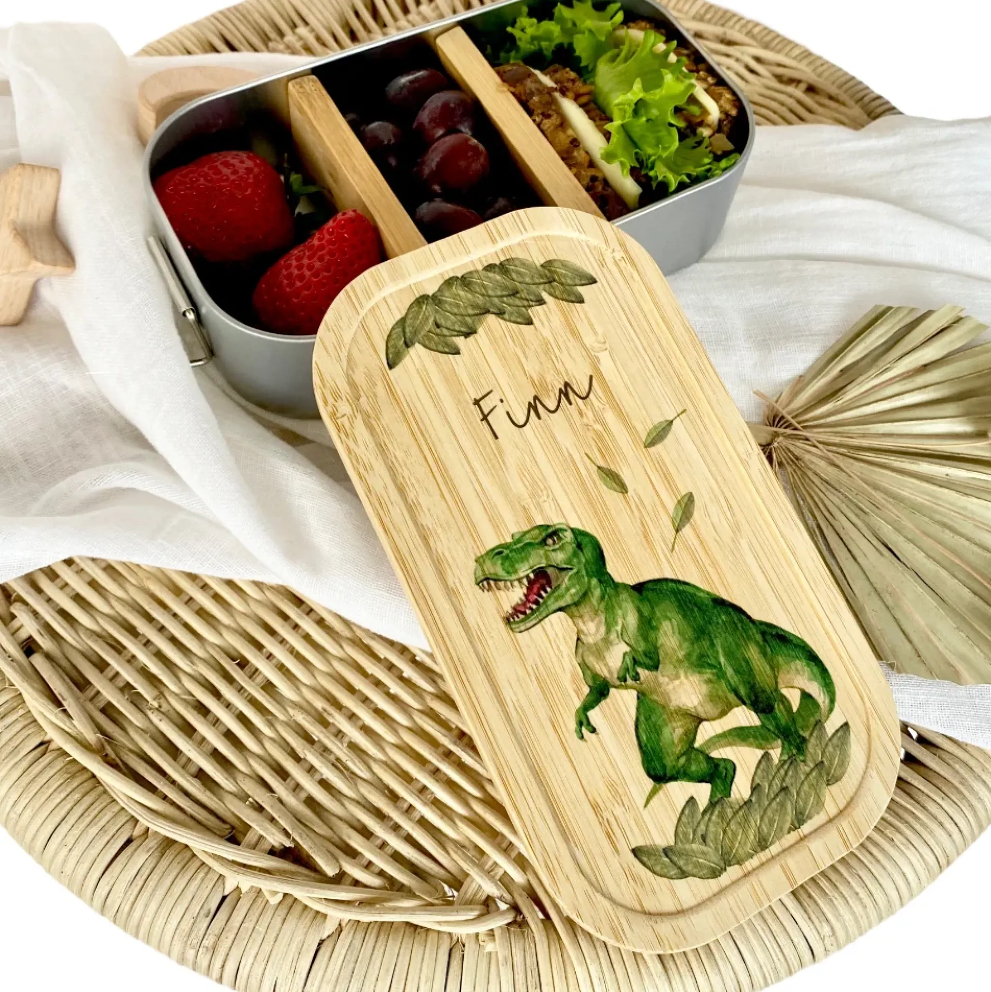Brotdose "Dino" wählbar in Edelstahl mit Bambusdeckel und Namen für Kinder | Wählbar in Edelstahl | Lunchbox mit Dinosaurier | Personalisiertes Geschenk für Kinder