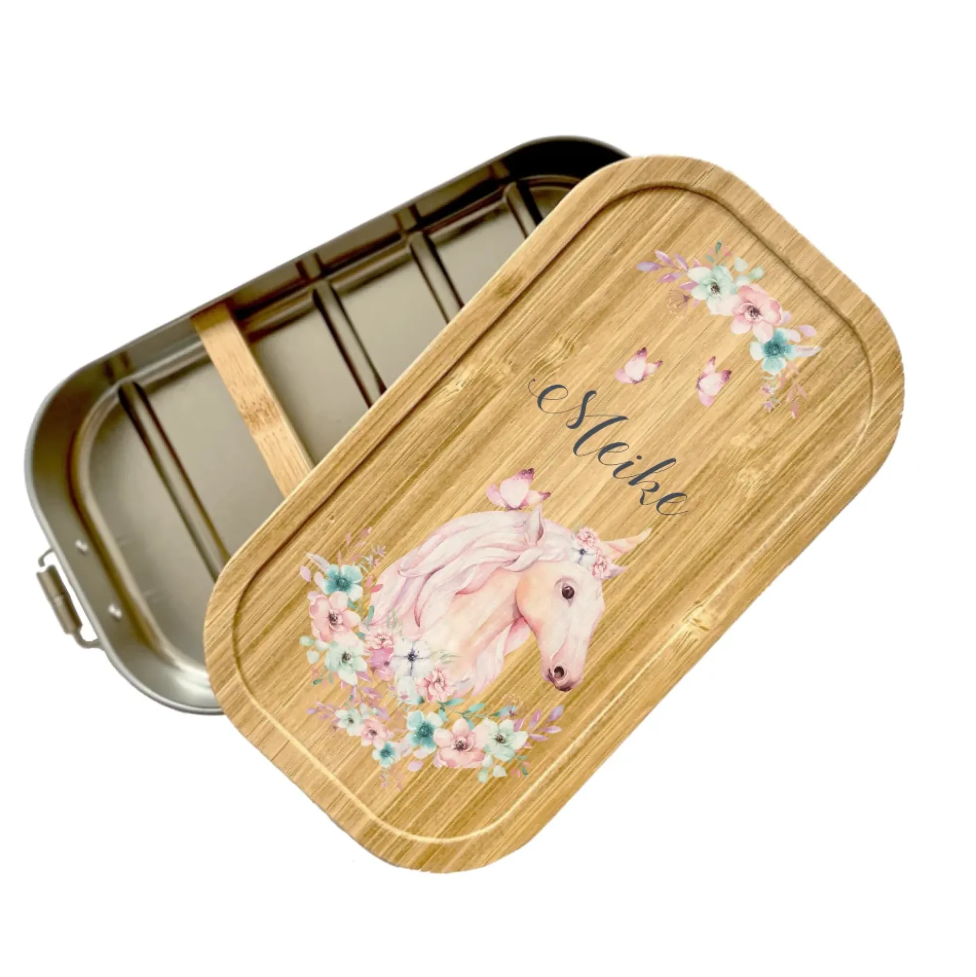 Brotdose "Einhorn" mit Bambusdeckel und Namen für Mädchen und Jungen | wählbar in Edelstahl | Lunchbox mit Einhornmotiv | Personalisierte Geschenkidee für Kinder