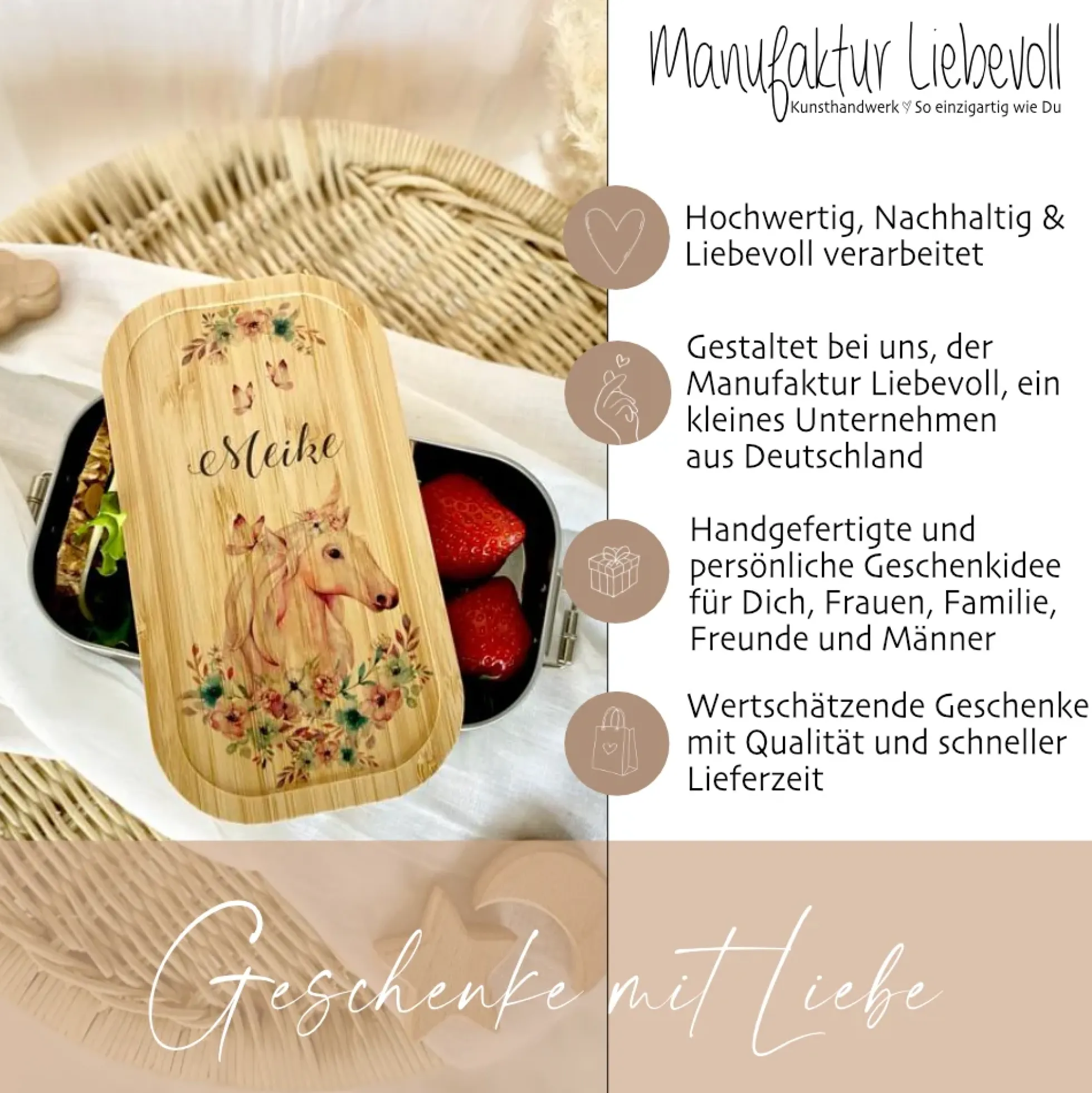 Brotdose "Einhorn" mit Bambusdeckel und Namen für Mädchen und Jungen | wählbar in Edelstahl | Lunchbox mit Einhornmotiv | Personalisierte Geschenkidee für Kinder
