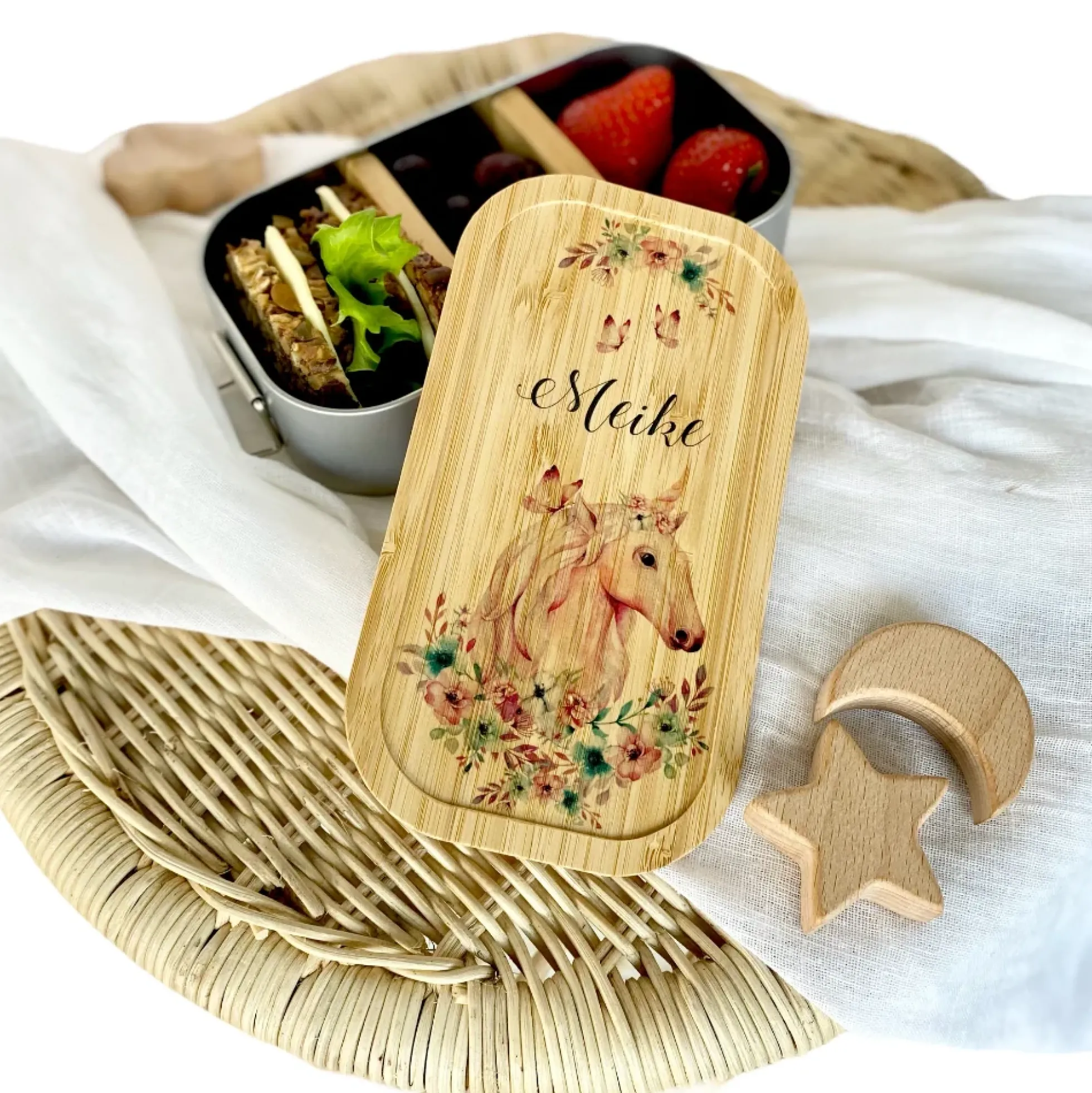 Brotdose "Einhorn" mit Bambusdeckel und Namen für Mädchen und Jungen | wählbar in Edelstahl | Lunchbox mit Einhornmotiv | Personalisierte Geschenkidee für Kinder