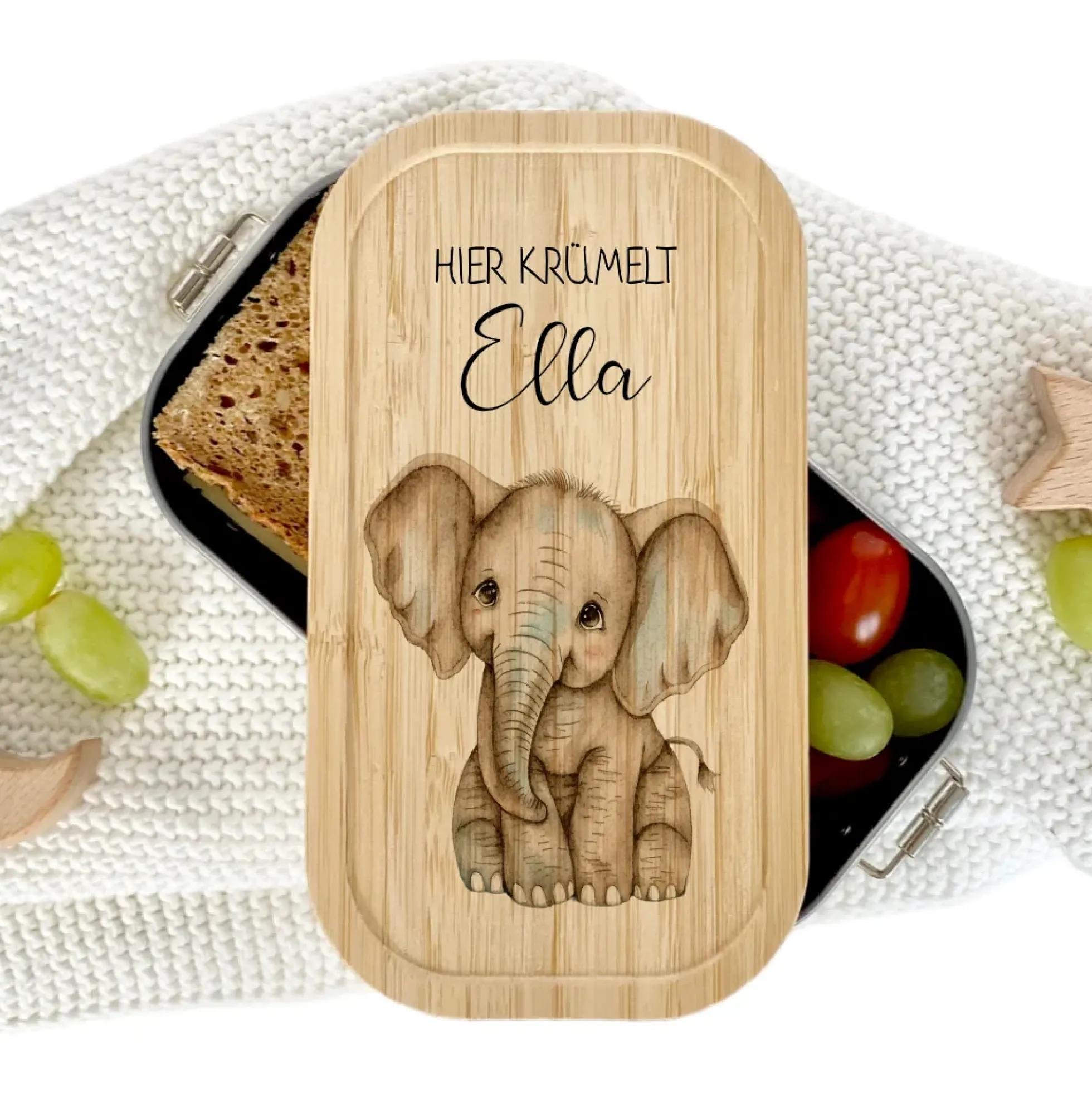 Brotdose "Elefant" wählbar in Edelstahl mit Bambusdeckel und Namen für Kinder | Lunchbox "Elefant" | Personalisiertes Geschenk für Kinder
