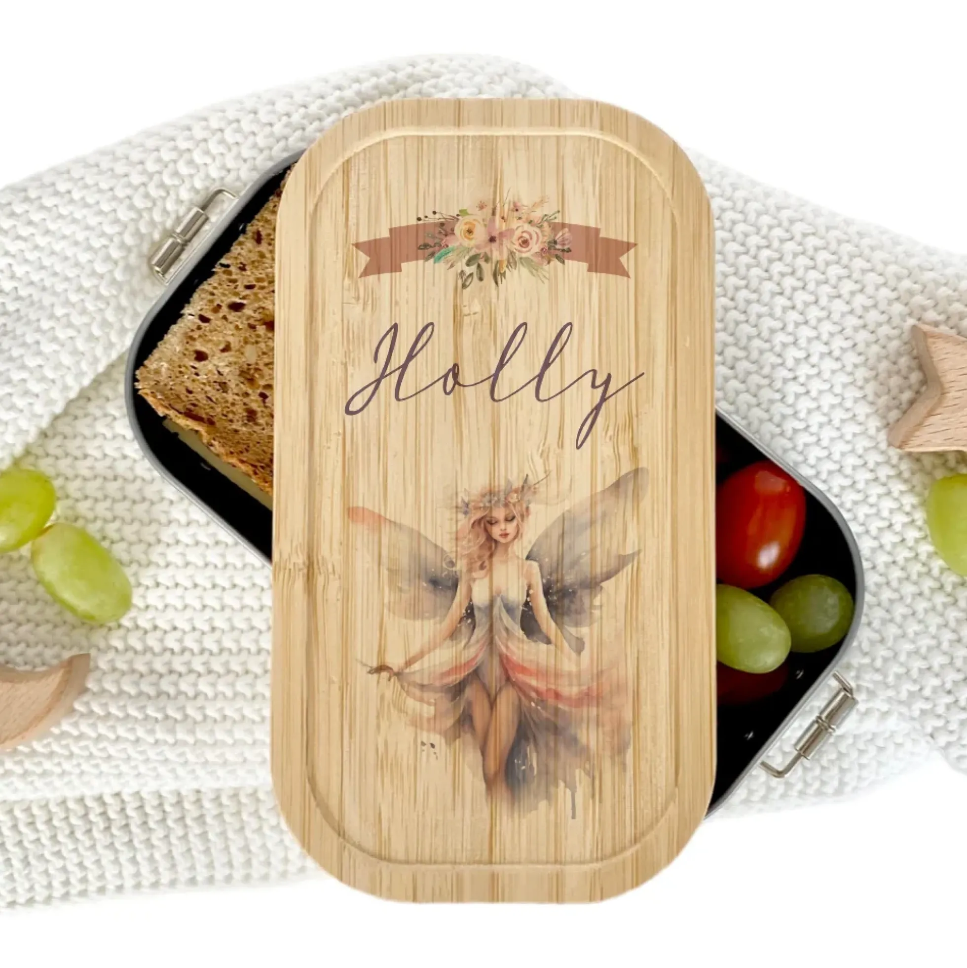 Brotdose "Elfe" wählbar in Edelstahl mit Bambusdeckel und Namen für Mädchen | Brotbox Fee | Personalisiertes Geschenk für Kinder